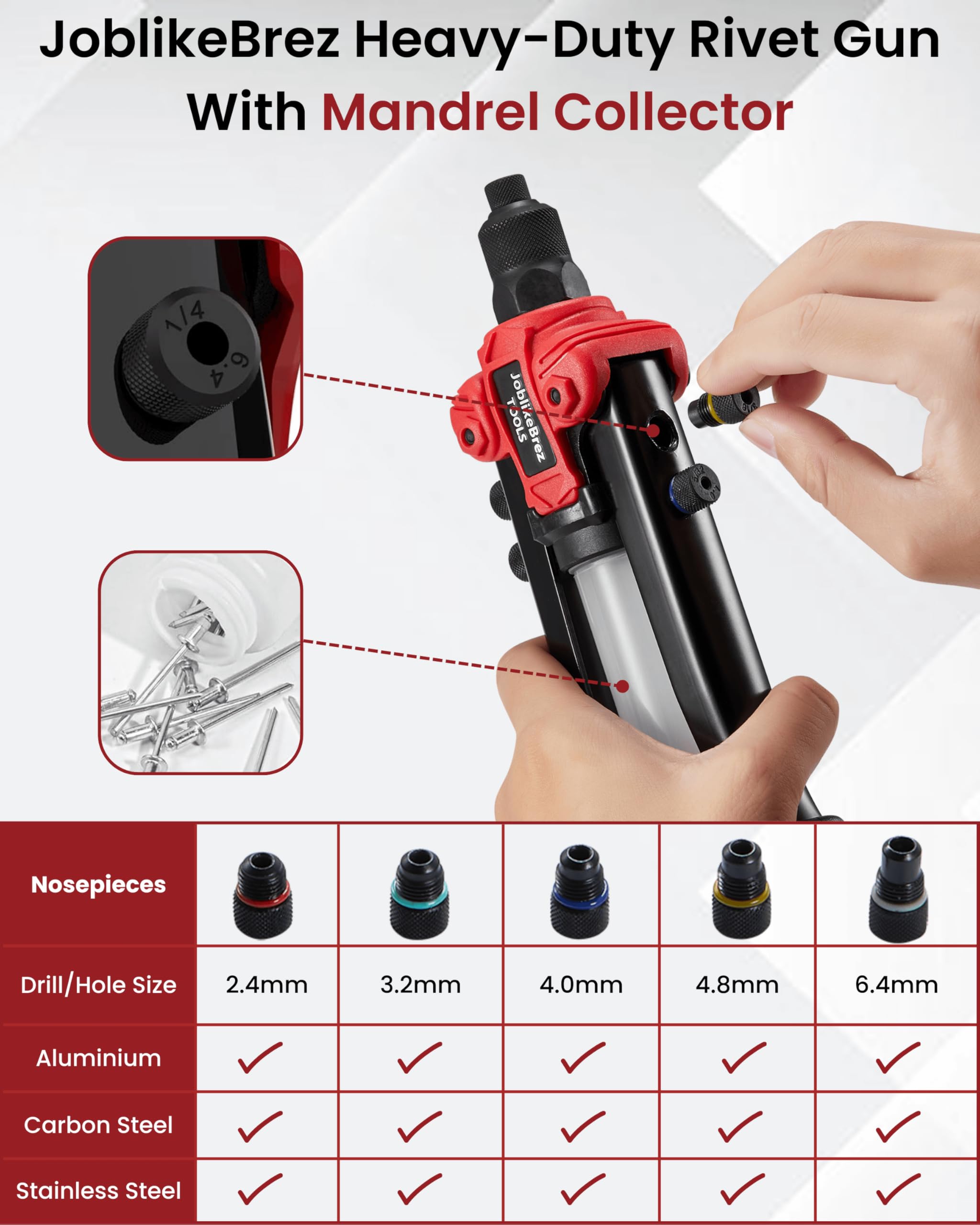 Kit de alicates de remache Pro con 210 remaches Pop (2,4 – 6,4 mm) | Gran pinza de remache Pop de 33 cm con colector de varillas | Remachadora robusta para automóvil, metal y bricolaje