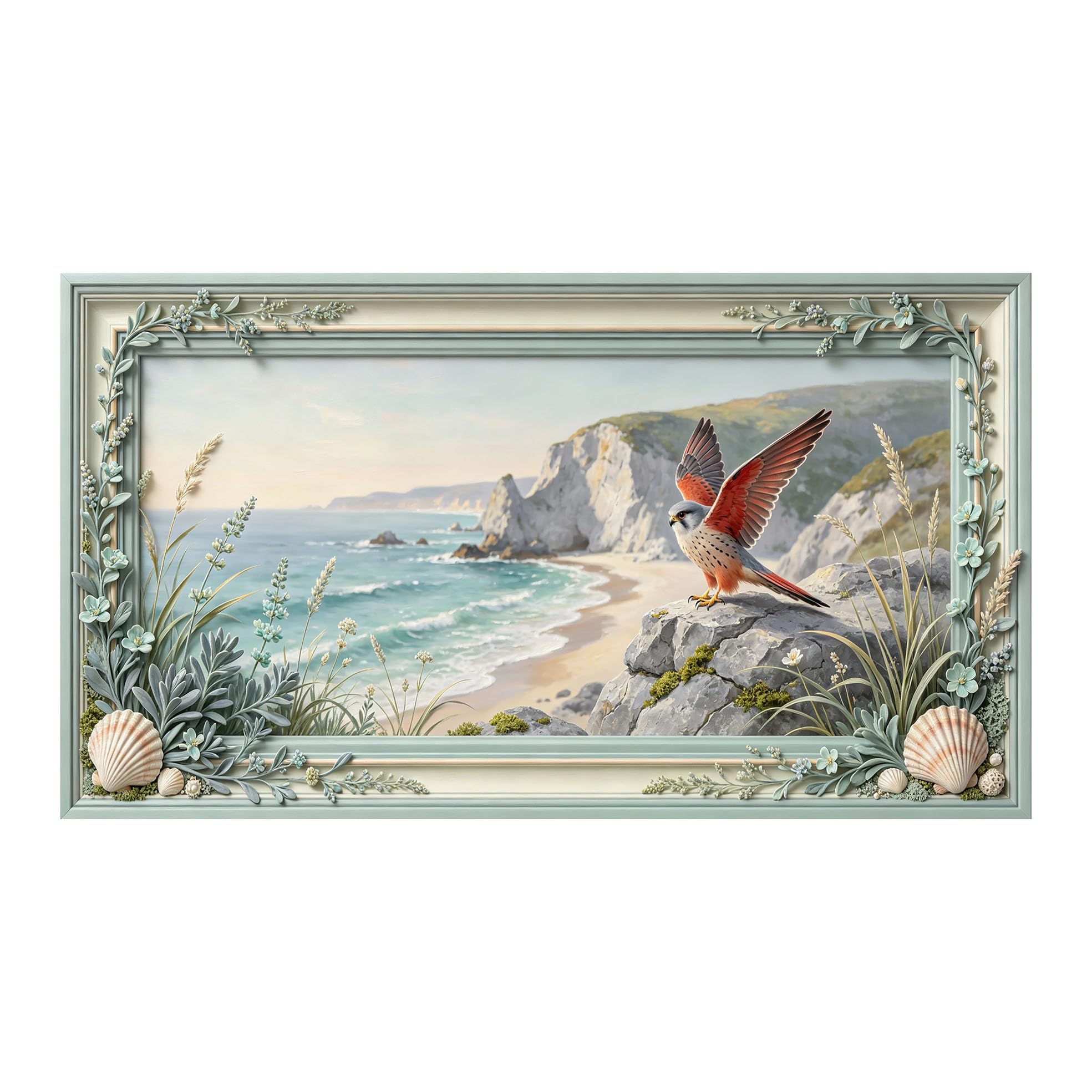 Murasolite 3D 3D Framed Wall Art 50cm×90cm Coastal Seaside Landscape with Falcon Oil Painting Style SelfAdhesive Fabric Mural Wall Decor, Peel and Stick No Damage to Wall for Bedroom Living Room