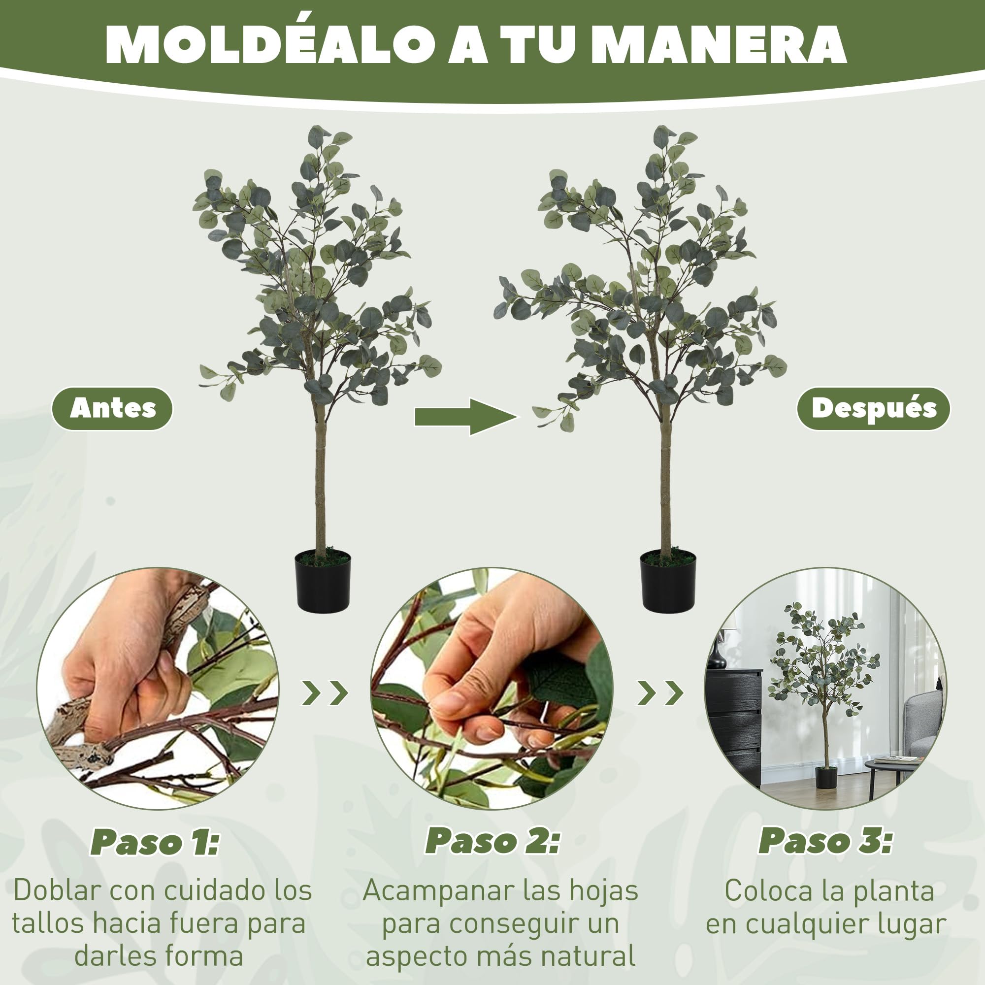 HOMCOM Eucaliptos Artificiales Pack de 2 con Maceta y Hojas 120 cm Verde