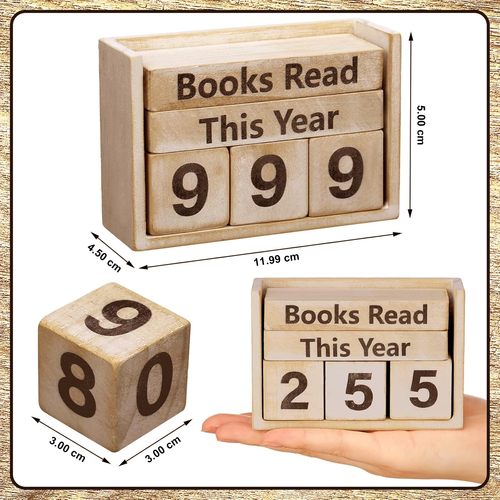 Compteur de Livres Lus, Boîtier en Bois Rétro jusqu‘à 999 Livres, Compteur de Lecture Décoratif avec Boîte de Rangement, Idée Cadeau pour Amoureux des Livres, Bibliophiles et Clubs de Lecture