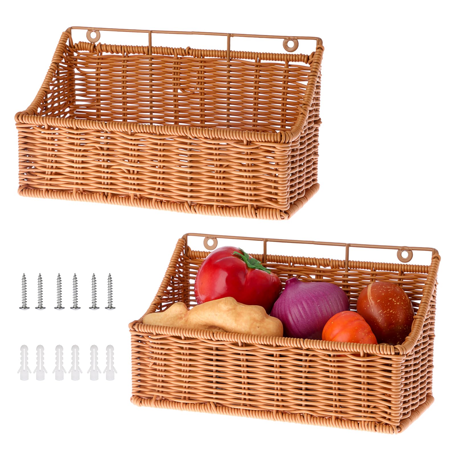 OGANAZI Set of 2 Woven Storage Baskets Kitchen Storage Baskets Wall Mount Wicker Basket for Potato Onion Garlic Fruits Vegetables Kitchen Organizers Pantry Cabinet Organizer