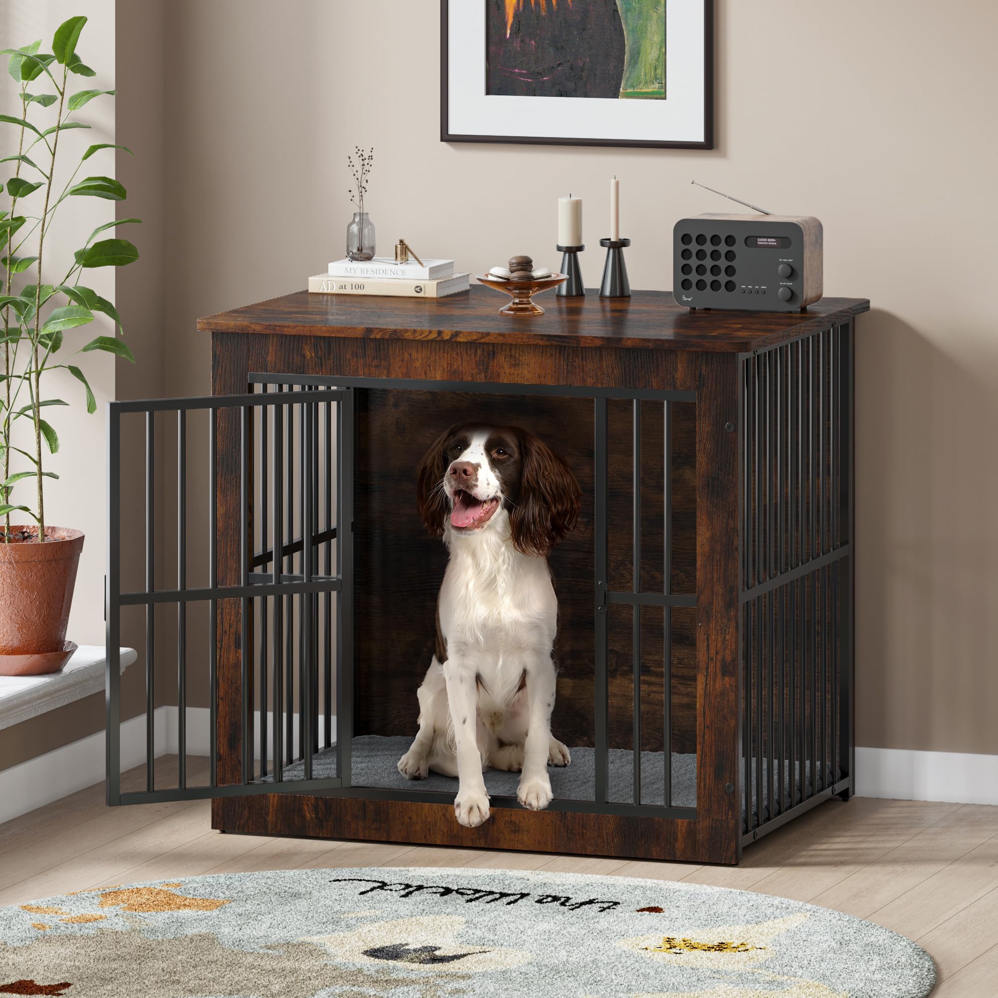Hello-5ive Grande gabbia per cani mobile, gabbia per cani in legno con doppie porte, resistente cuccia per cani da interno con tappetino in peluche per cani di piccola e media, tavolino, 80,5 x 59 x