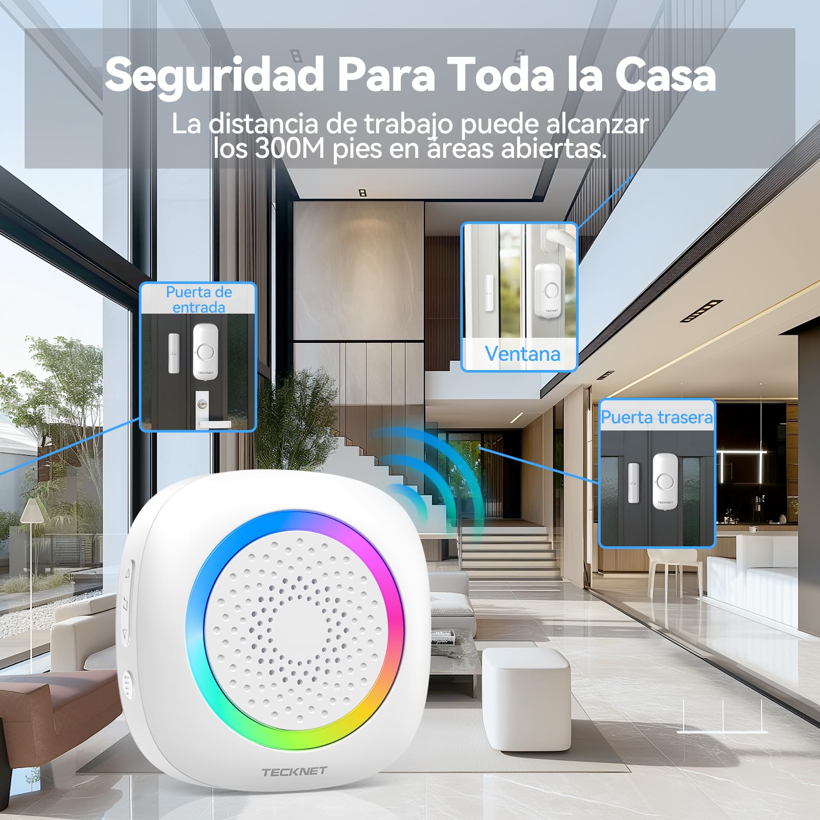 TECKNET Alarma Casa con Timbre Y Sensor Apertura Puerta Magnético, 2*Sensor | Alcance de 300m, 61 Melodías, Indicador RGB, Sistema de Seguridad para Hogar, Tienda u Oficina