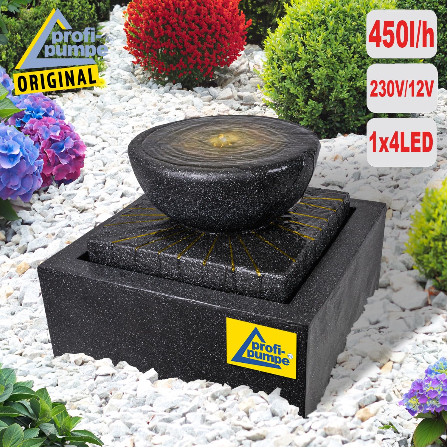Gartenbrunnen Brunnen Zierbrunnen Zimmerbrunnen Springbrunnen Brunnen mit LED-Licht 230V Wasserfall Wasserspiel für Garten, Gartenteich, Terrasse, Balkon Sehr Dekorativ (Sonnen-Schale)
