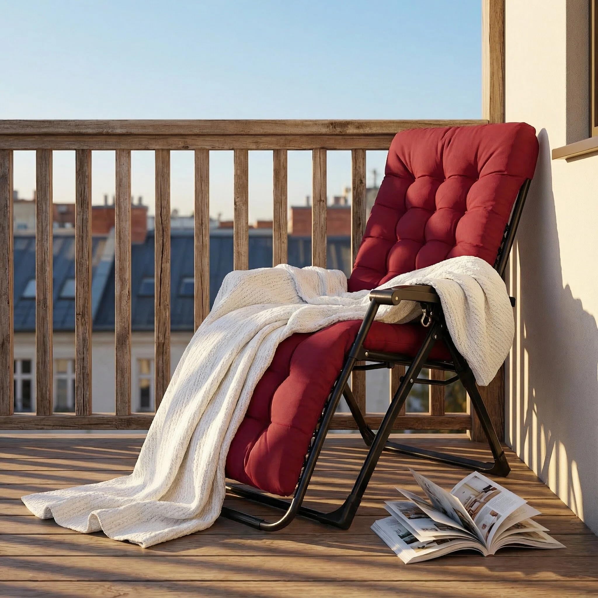 Coussin pour chaise longue de jardin, 170 x 53 x 7 cm, coussins pour chaise longue, coussin rembourré pour chaise longue, coussin d'oreiller pour meubles de jardin avec bande réglable (rouge)