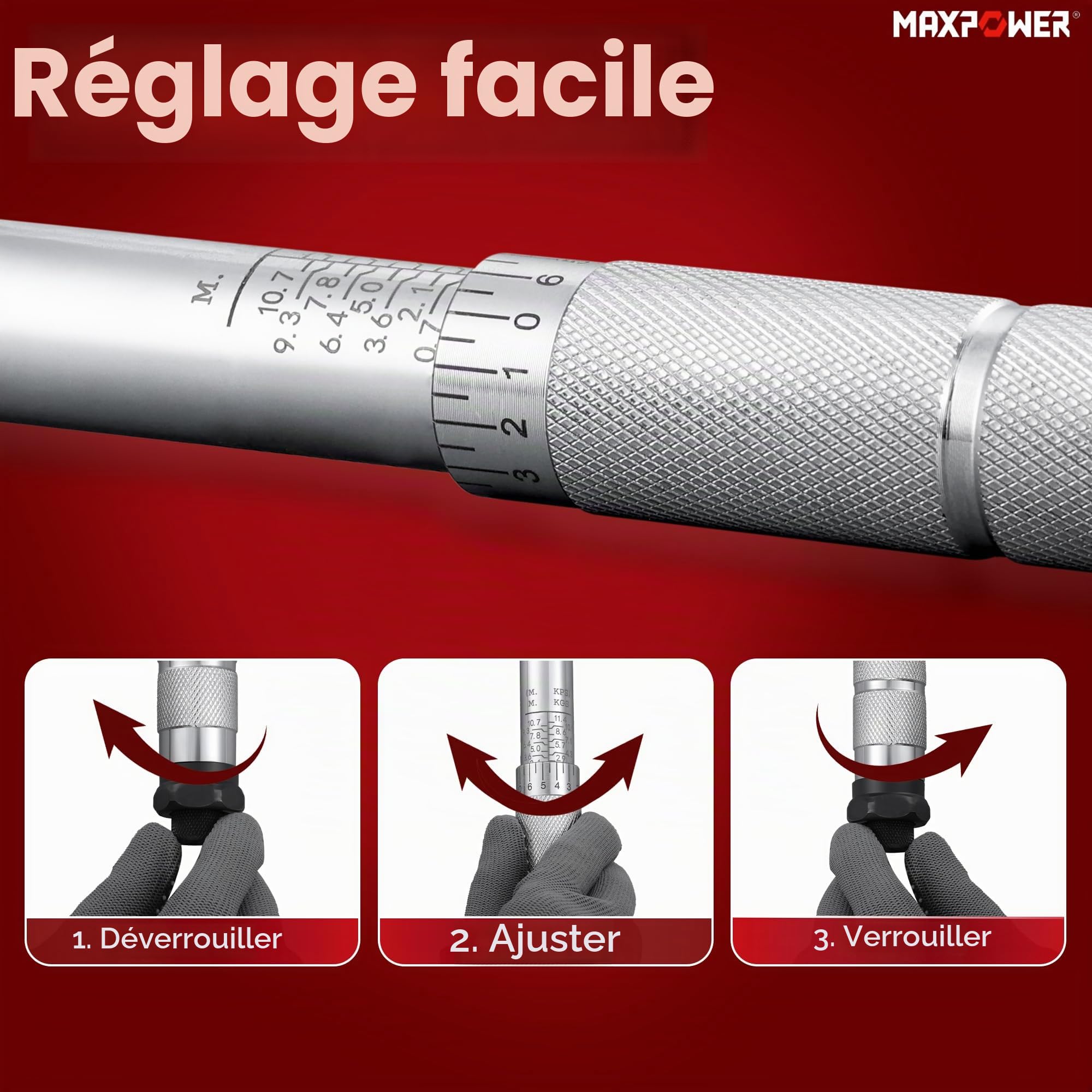 MAXPOWER Clé dynamométrique 3/8", plage de couple 7 à 112 Nm, précision ± 3 % (chromé)