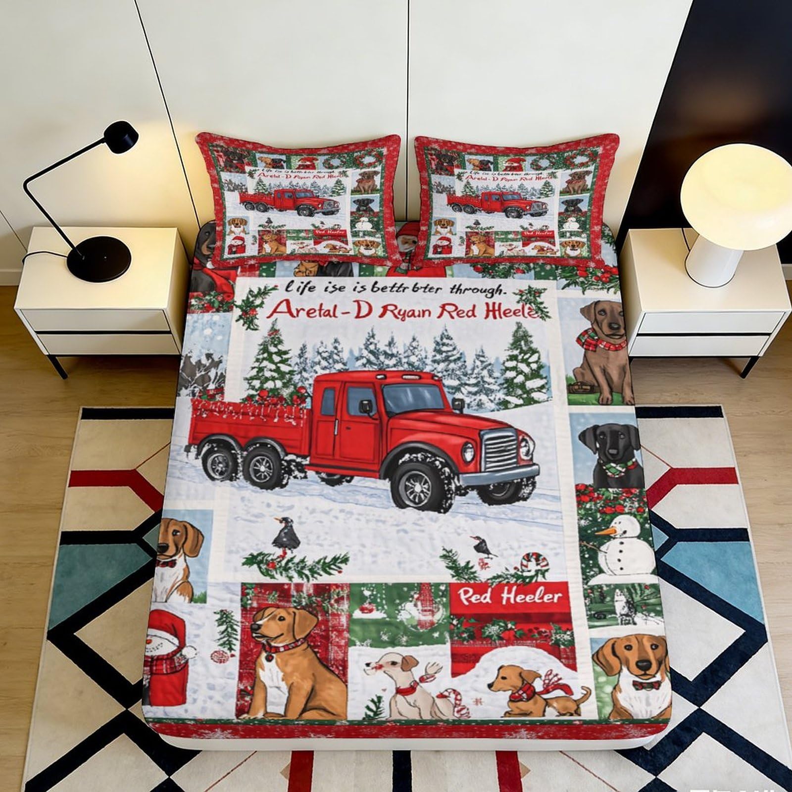 3D Printed Christmas Red Truck Fitted Sheet Microfiber Reindeer Dog Bed Cover Non-Slip Machine Washable for Bedroom Guest Room 90x200x25cm