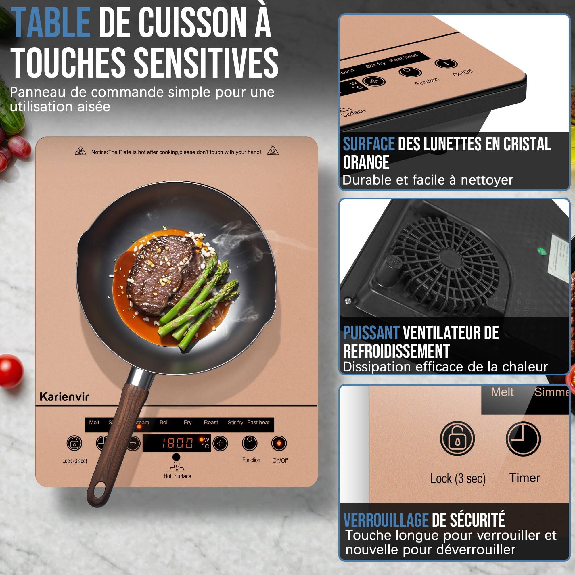 Portable Ceramic Hob 1 Burner with Plug, 2000 Watts | Safety Lock, Timer, 9 Power Levels, 8 Cooking Functions, Ideal for Garden, Camping