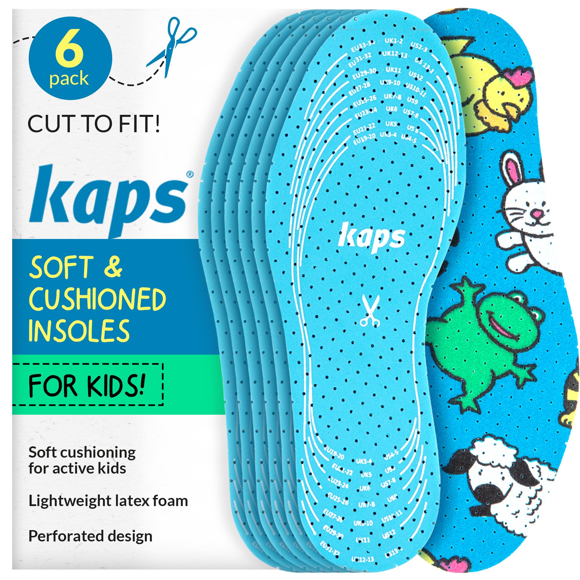 Kids Insoles 6 Pair - Cut to Fit Shoe Inserts for Toddlers & Children, Soft Cushioned Breathable Insoles for Boys & Girls, Ideal for Between Sizes - Kaps Offspring