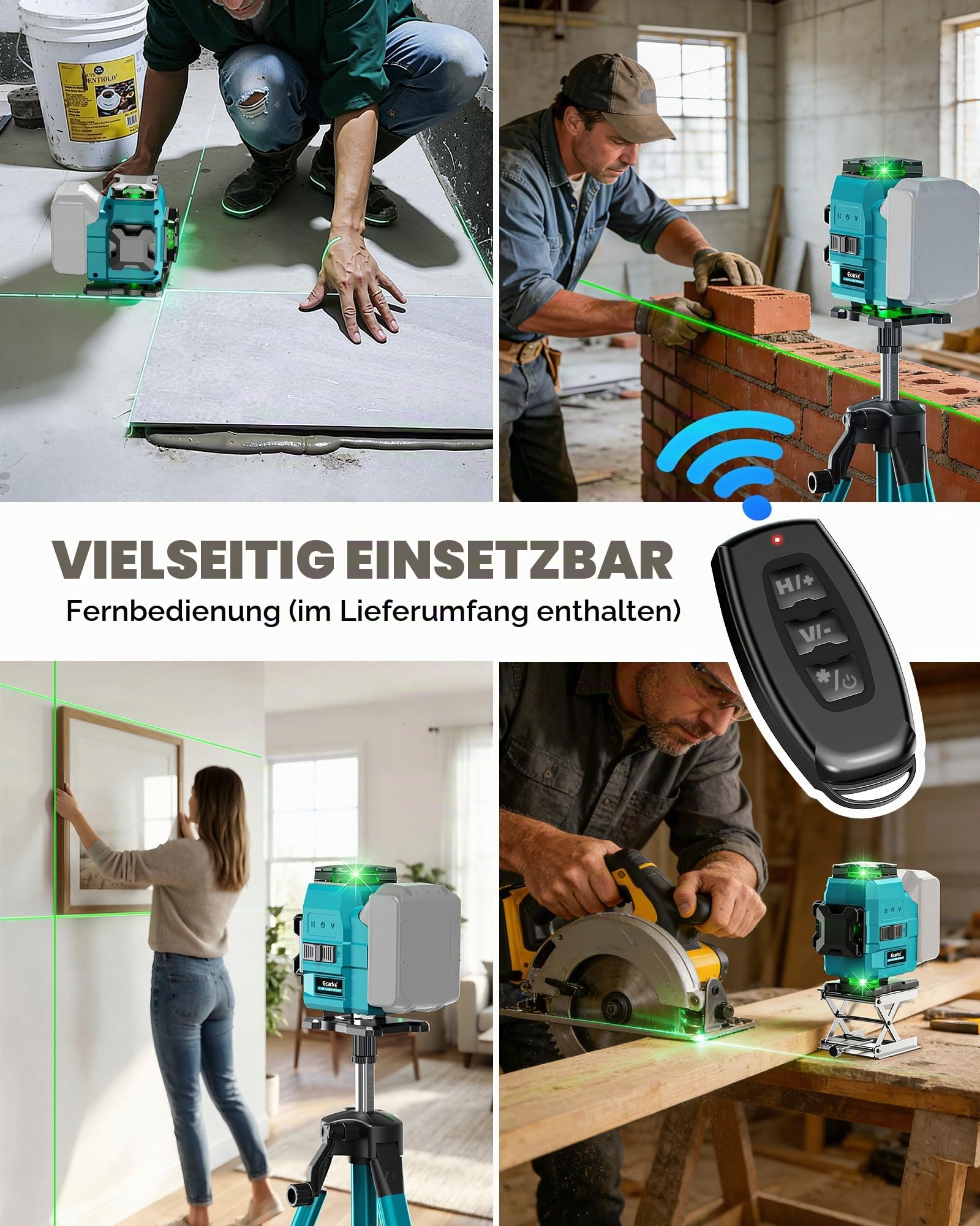 Ecarke 4D Kreuzlinienlaser Grün 16 Linien 4x360° mit Stativ, kompatibel mit Makita 18V Akku, Selbstnivellierend Laser Wasserwaage für Bau, Fliesen, Renovierung (ohne Akku & Ladegerät)