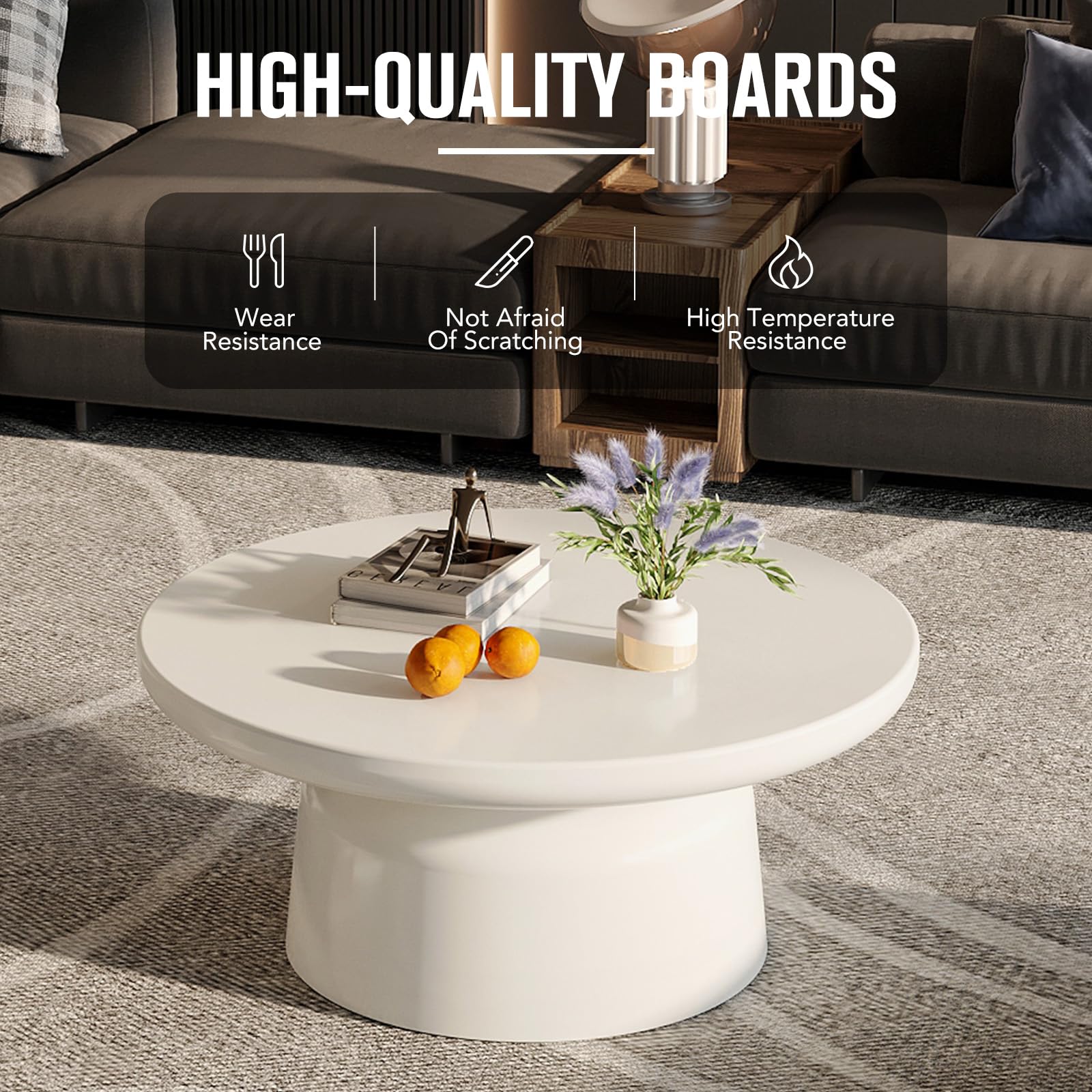 Guyii Modern White Round Coffee Table – Minimalist, Elegant, and Stylish Design for Contemporary Living Room, Nordic Scandi-Style, Functional and Versatile
