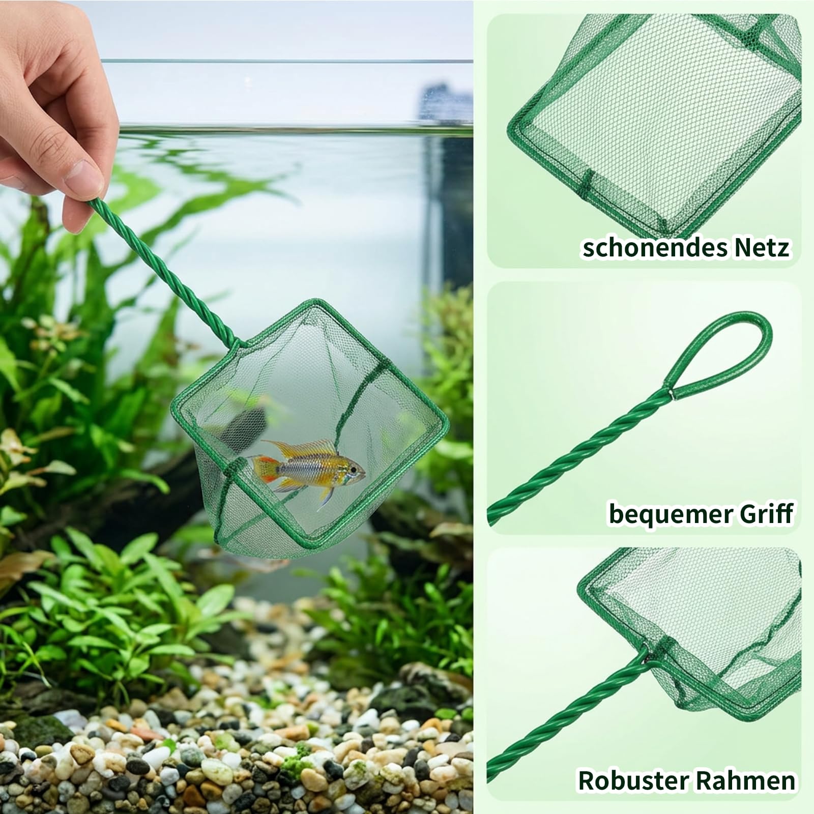 4 Stück Aquarium Kescher Klein, 3 Zoll Aquarium Fischnetz aus Weichem Nylon, Rostfreier Griff für Kleine Fische, Garnelen und Becken Reinigung