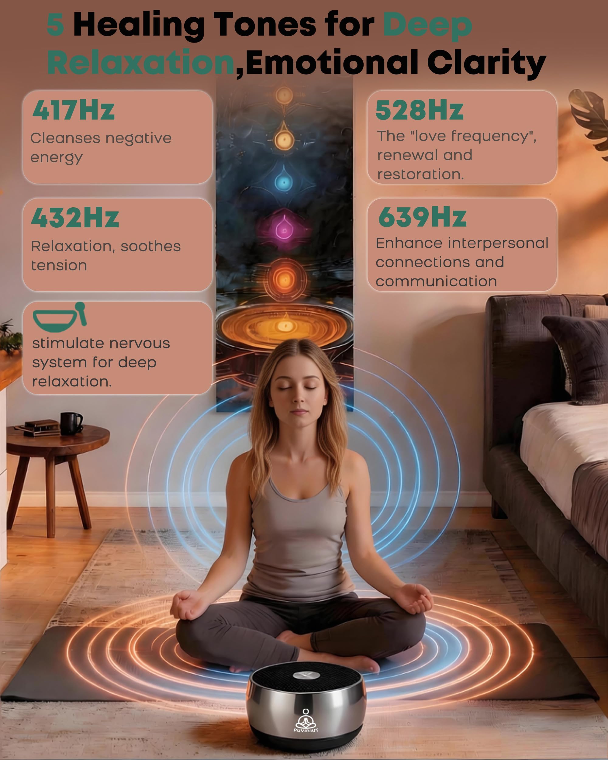 Klangfrequenz-Maschine, PUVIDJUT Meditationston-Heilgerät – Solfeggio-Bad für Yoga, Achtsamkeit, Meditation, Singtherapie-System von Chakra und Stress