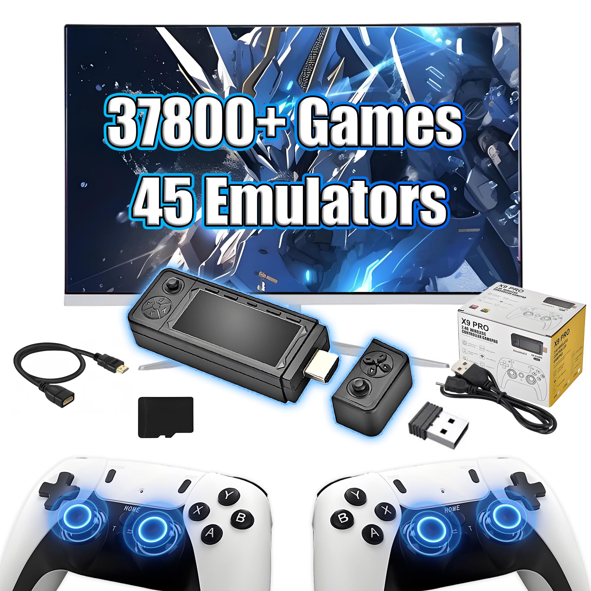 X9 Pro Retro Game Stick 4K HD Retro Gaming Console,37800+ Games 45 Emulators,Emuelec 4.3 System,Search Games,Retro Gaming Stick with 2.4G Wireless Controllers,Plug and Play Video Games for TV (64G)
