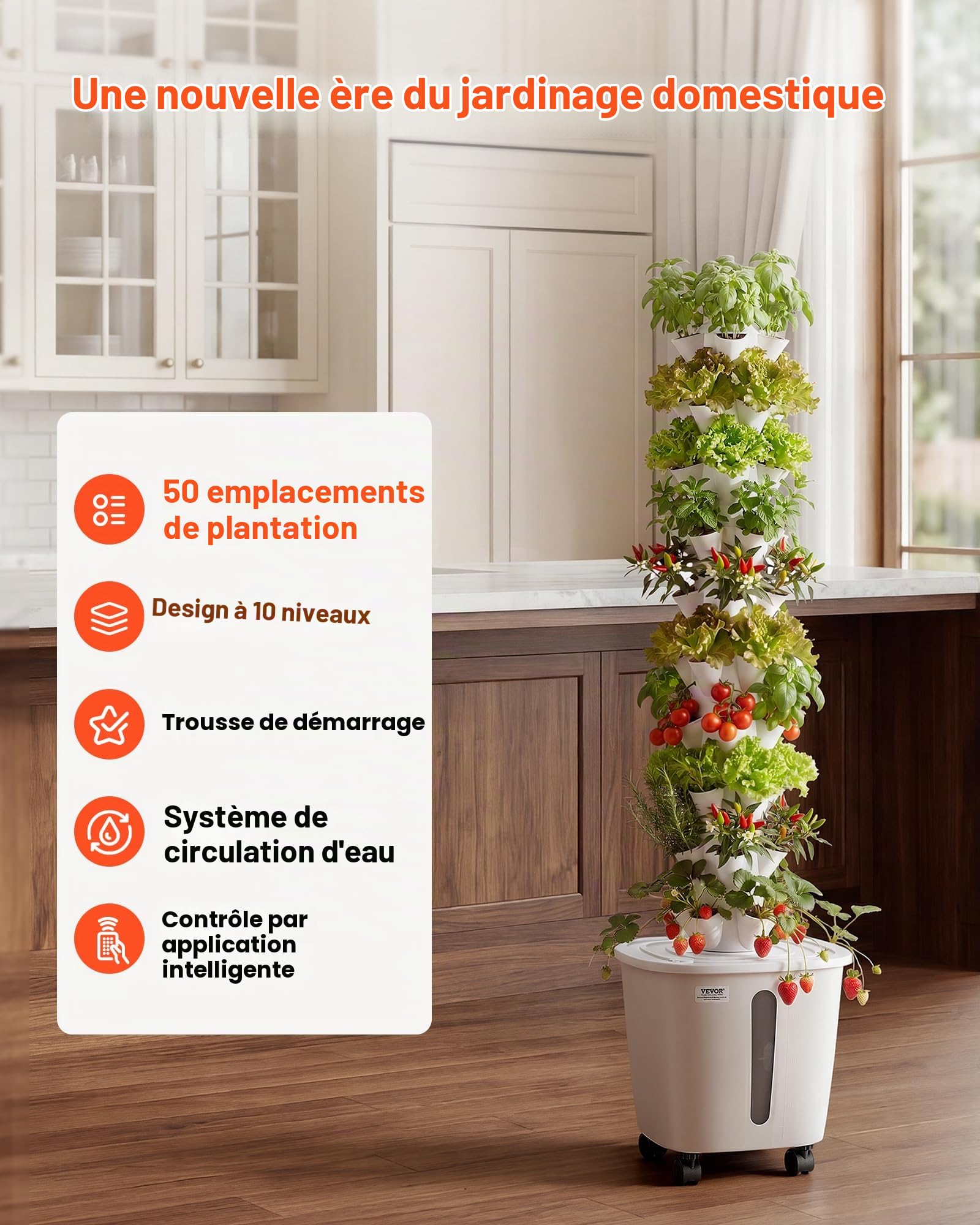 VEVOR Tour Hydroponique 10 Étages 50 Trous, Système de Culture Hydroponique pour Herbes, Fruits et Légumes, Jardin Vertical d'Intérieur avec Contrôle App, roulettes, Réservoir d'eau de 20 L et Pompe