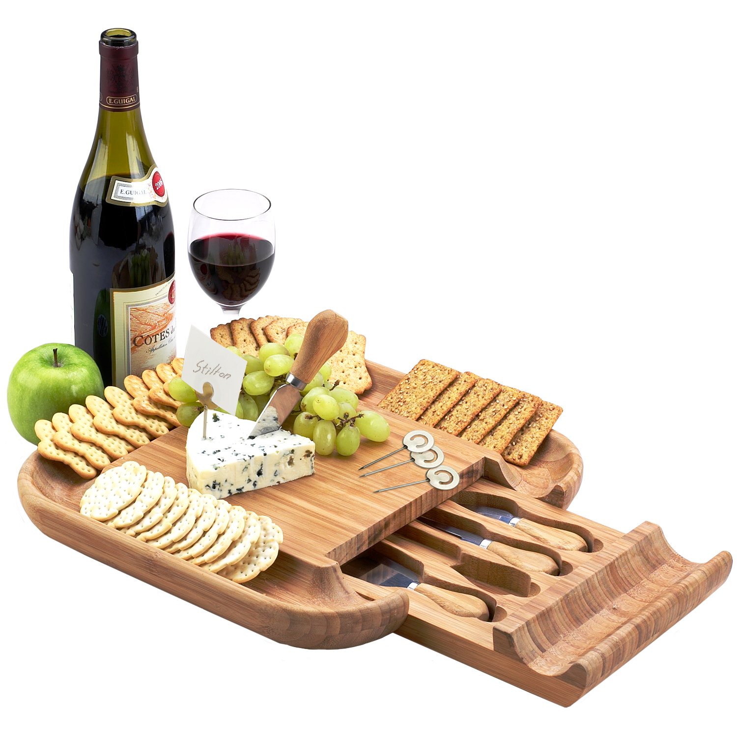 Personalized Square Bamboo Cheese Board with 4 Stainless Cheese Tools in a Hidden Drawer and Cheese Markers - Designed by Picnic at Ascot, a California brand for over 25 years