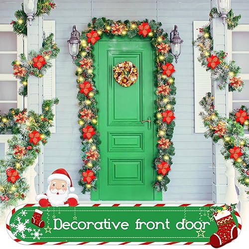 Miniatura 3 de Guirnalda de Navidad, guirnalda de Navidad con luces, decoración de Navidad, flores artificiales de ratán de 9 pies, decoración de Navidad para
