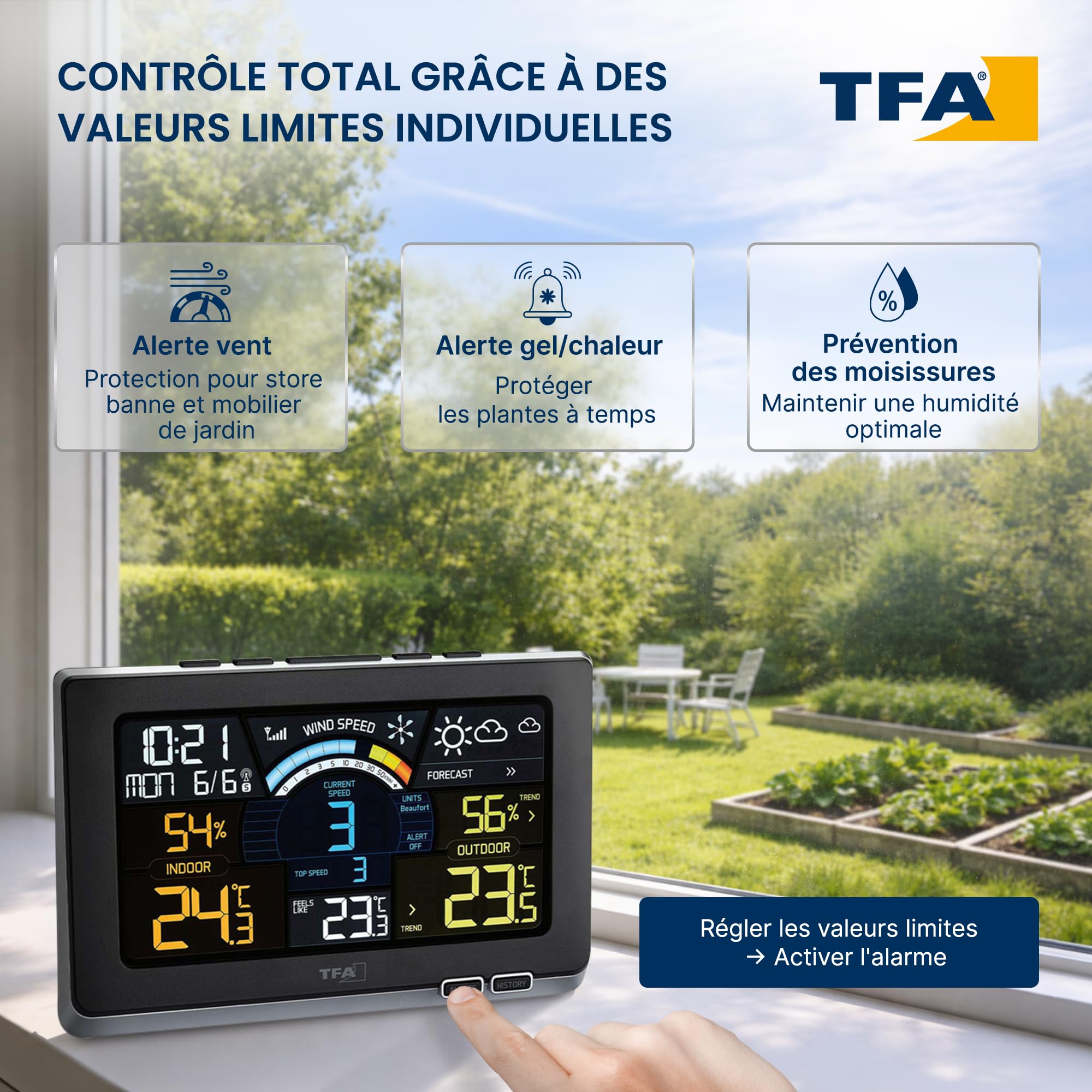 TFA Dostmann Station météo sans fil Spring Breeze, 35.1140.01, avec anémomètre, pression atmosphérique, avec écran couleur, prévisions météo avec limites d'alarme/symboles, noir