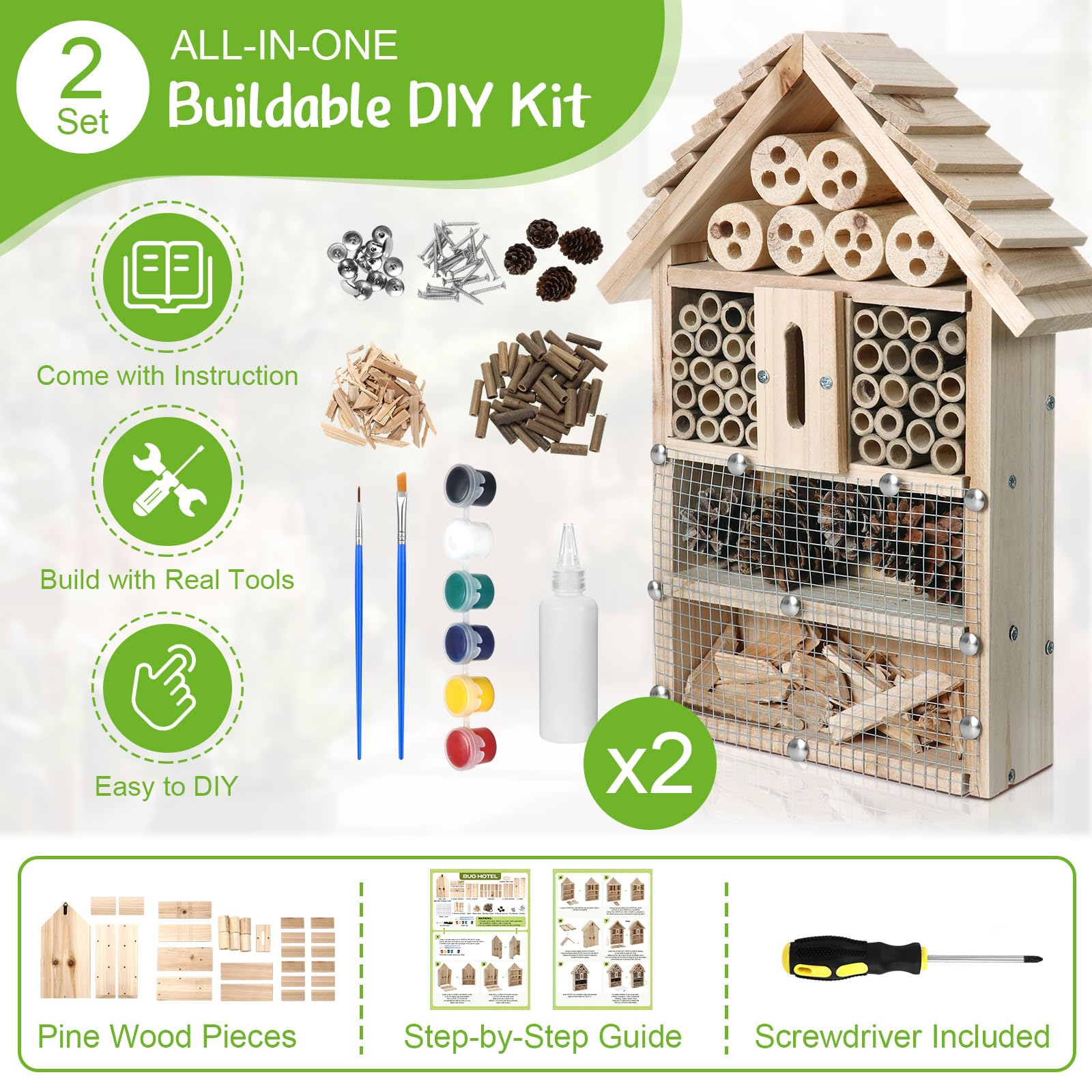 RattanView 2 Sets Holz Insektenhotel Garten Insektenhaus DIY Insektenhotel Kit Nesting Habitat Shelters für Marienkäfer Florfliegen Schmetterling Mason Bienen 13,6 x 10,8 x 2,8 Zoll