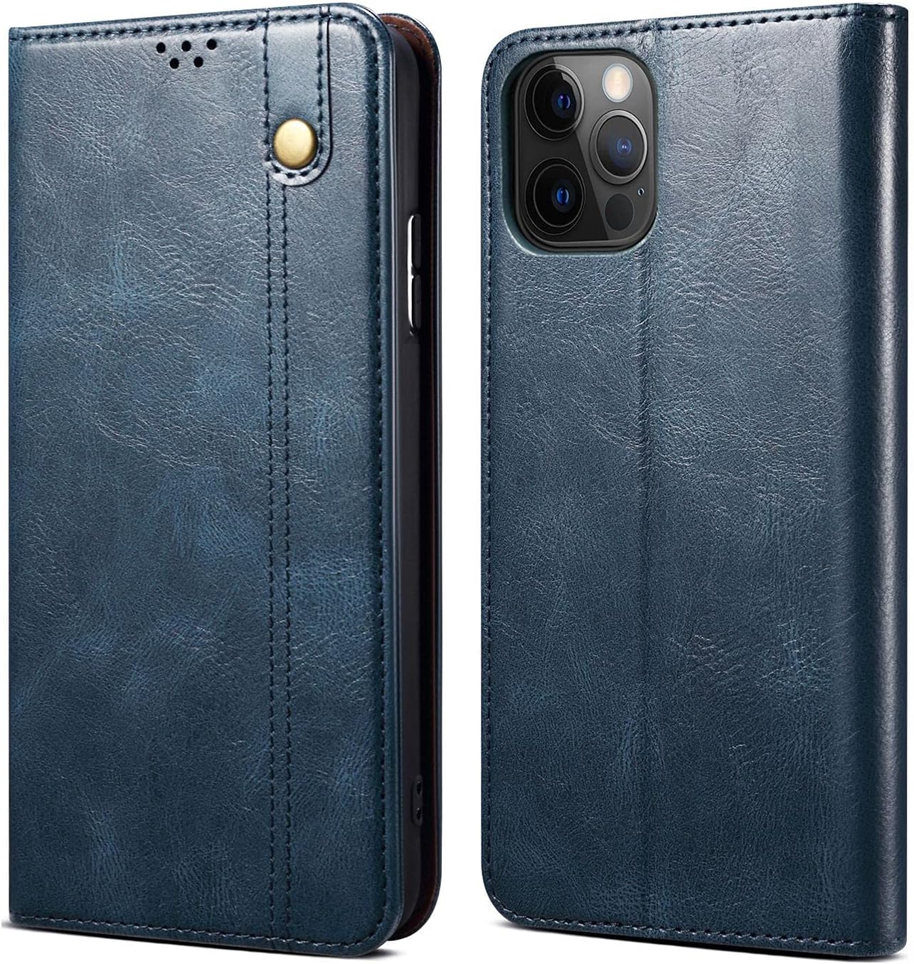 DOB® Shock Proof Flip Case Back Cover for Apple iPhone 13 Pro Max Flexible Pouch | Faux Leather Finish | Magnetic Closure | Card Pockets Wallet & Viewing Stand - Navy Blue