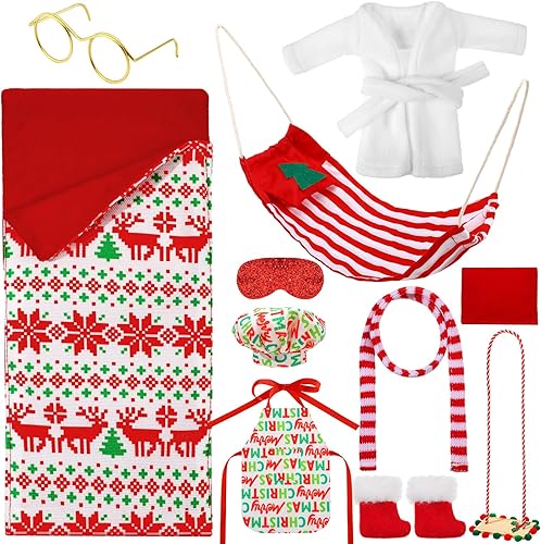 Kacctyen 11 piezas de saco de dormir accesorio de Navidad para muñeca, incluye muñeca de Navidad, saco de dormir, albornoz, delantal, sombrero de