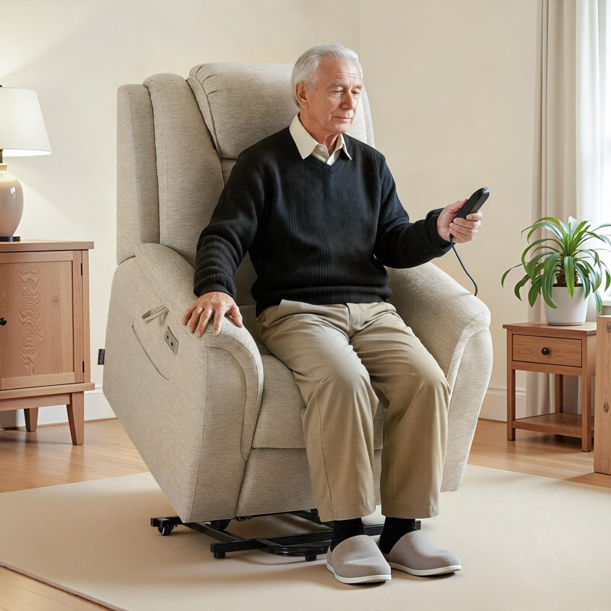 M MCombo Fernsehsessel mit Aufstehhilfe Elektrisch, 2 Rollen für Mobilität, Massage & Heizung, Verstellbare Kopfstütze, Sessel mit Aufstehhilfe 35D Vollschaum-Sitzkissen 7269 (Beige-Stoff)