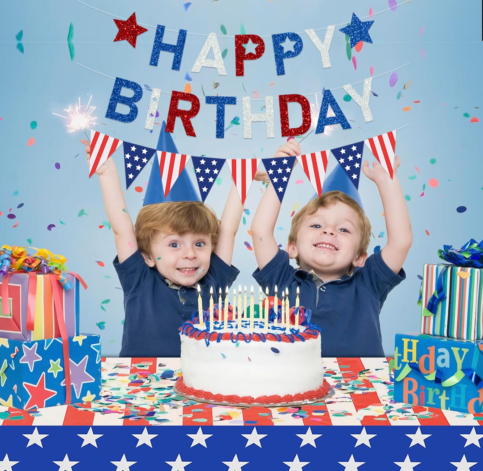 Guirnalda de banderines de bandera de cumpleaños del 4 de julio, estrellas americanas, banderas, banderines triangulares de Estados Unidos, guirnalda de estrellas rojas, blancas y azules para