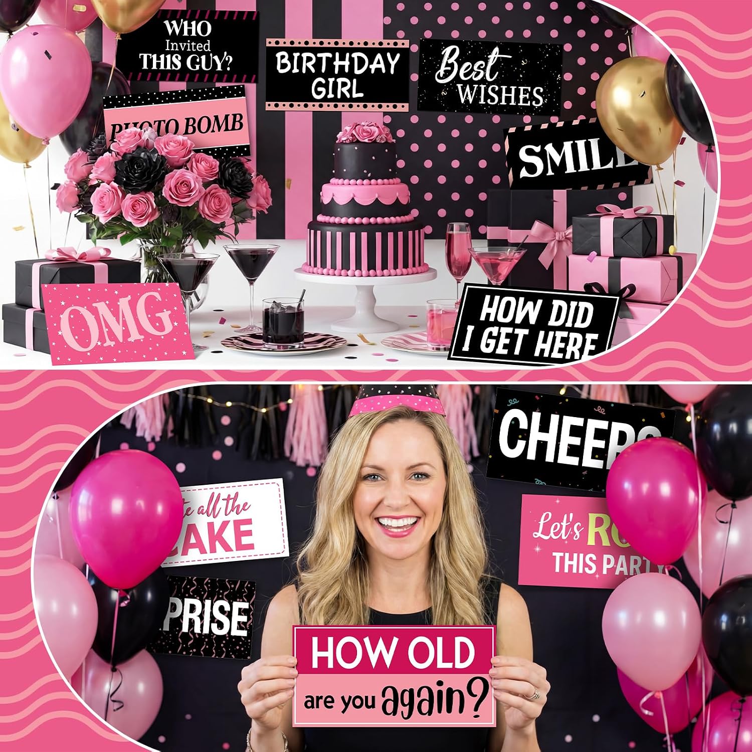 24 Designs Birthday Photo Booth Props 11x5.5 Inch Pink Black Happy Birthday Party Favors Supplies 16th 40th 50th 60th Picture Booth Props for Women Photobooth DIY PVC Selfie Sign for Party Decor