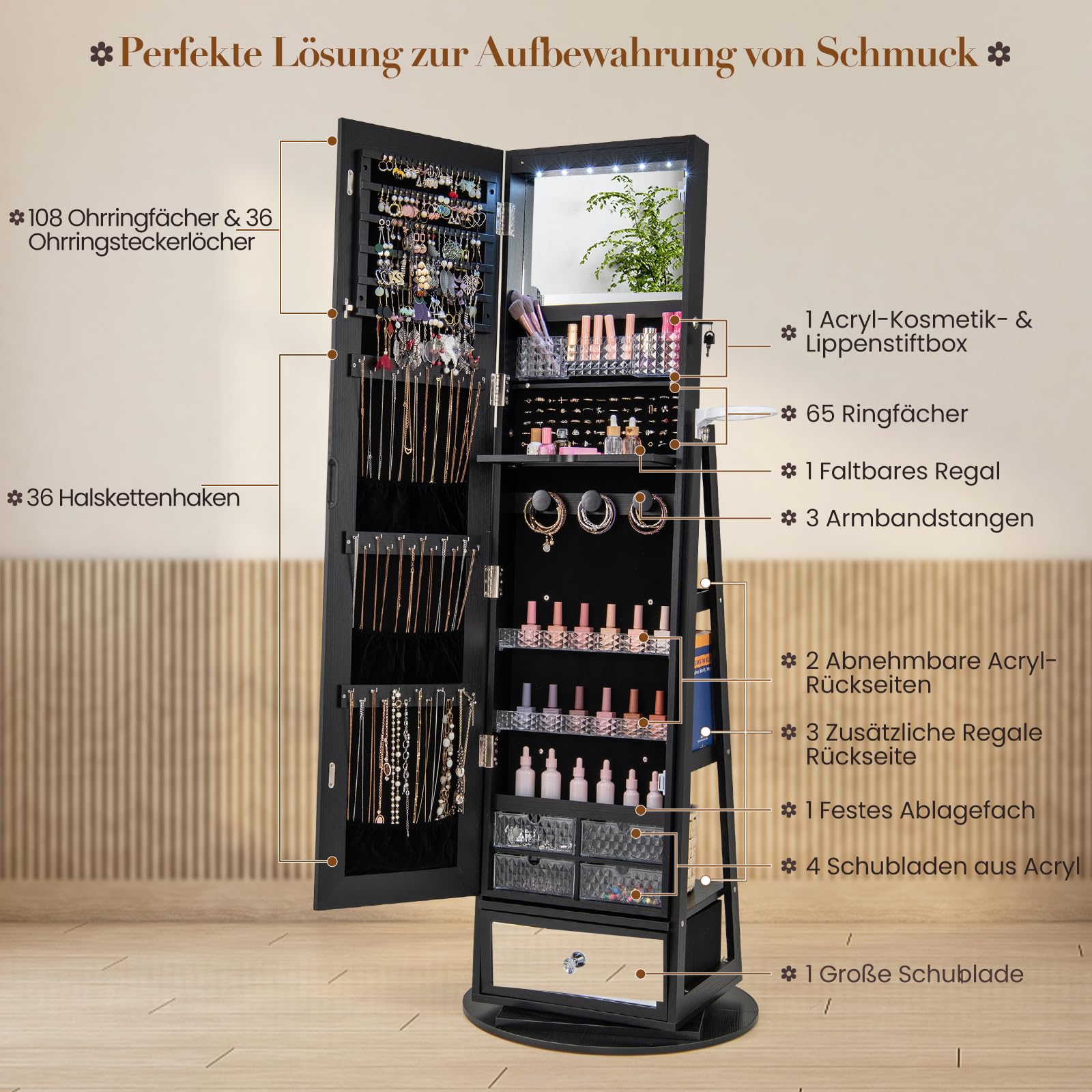 COSTWAY Schmuckschrank 360° drehbar, Spiegelschrank mit Ganzkörperspiegel, LED-Leucheten & Schublade & Haartrocknerhalter, Schmuckregal abschließbar, Standspiegel für Schmuck (Schwarz)
