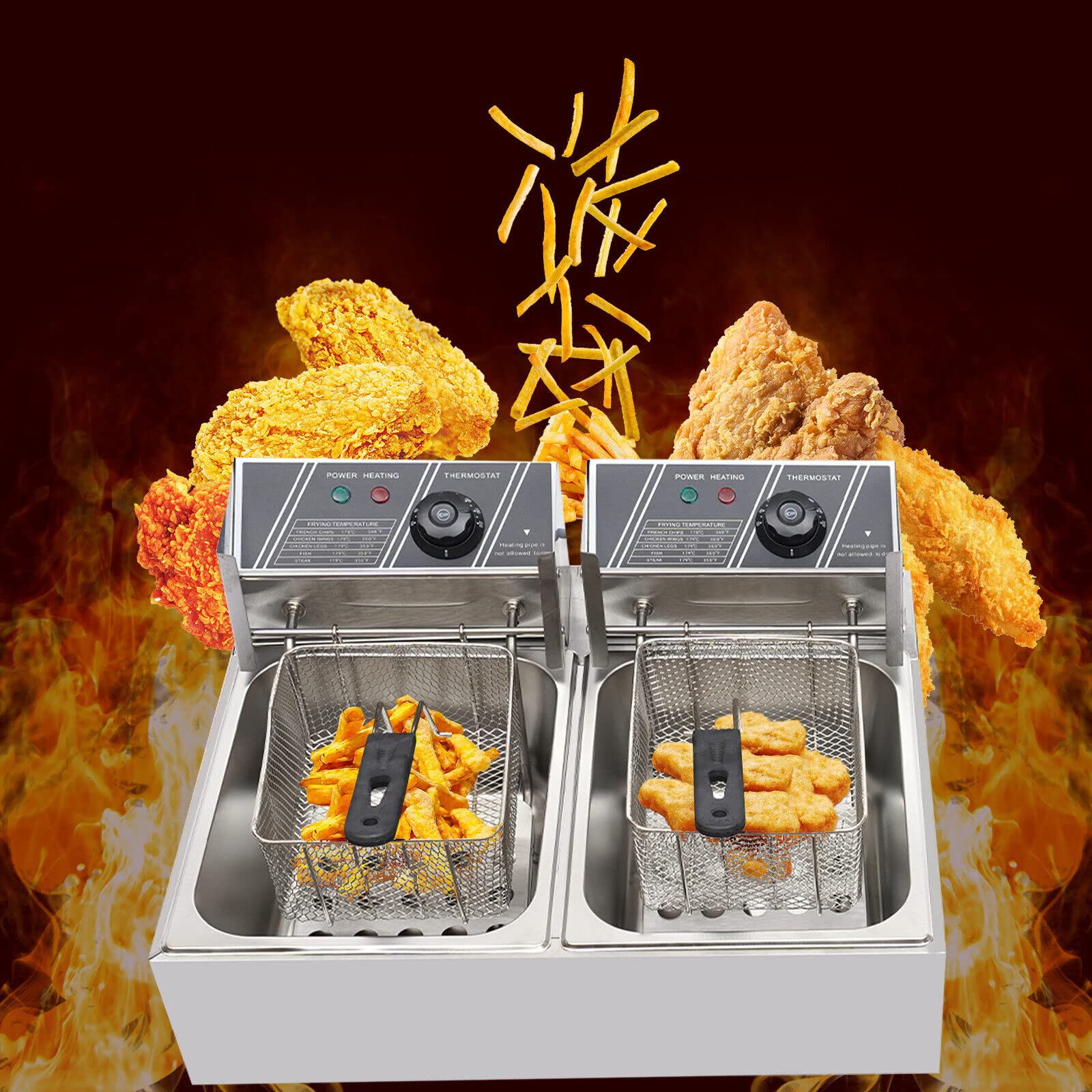 Fritteuse Fritöse Elektro-Fritteusen Doppelfritteuse Edelstahl Friteuse 12L 5000W 220V mit Frittierkorb Geeignet für Pommes frites Zwiebelringe Brathähnchen