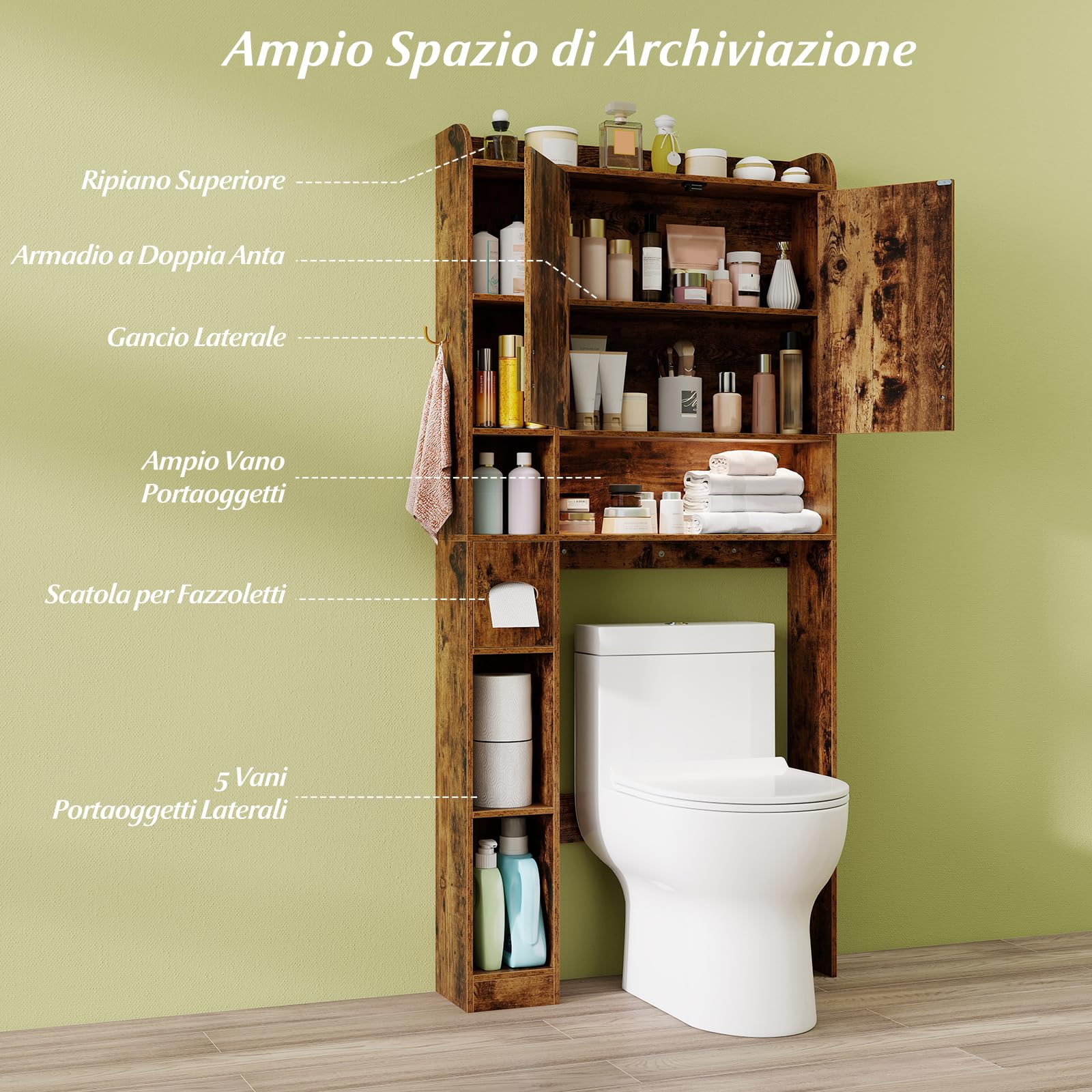 COSTWAY Mobile da Bagno Sopra WC, Scaffale Salvaspazio con Armadietto a 2 Ante, 6 Scomparti Aperti, Porta Fazzoletti, Gancio e Ripiano Regolabile, Mobiletto per Bagno e Lavanderia (Marrone)