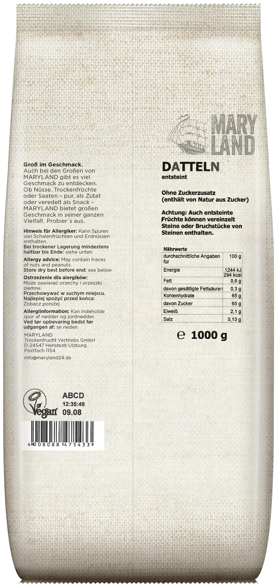 Maryland Datteln 1000g Vorratspackung 4er Pack – Datteln, entsteint – Perfekt zum Verfeinern oder Snacken (4 x 1000g)