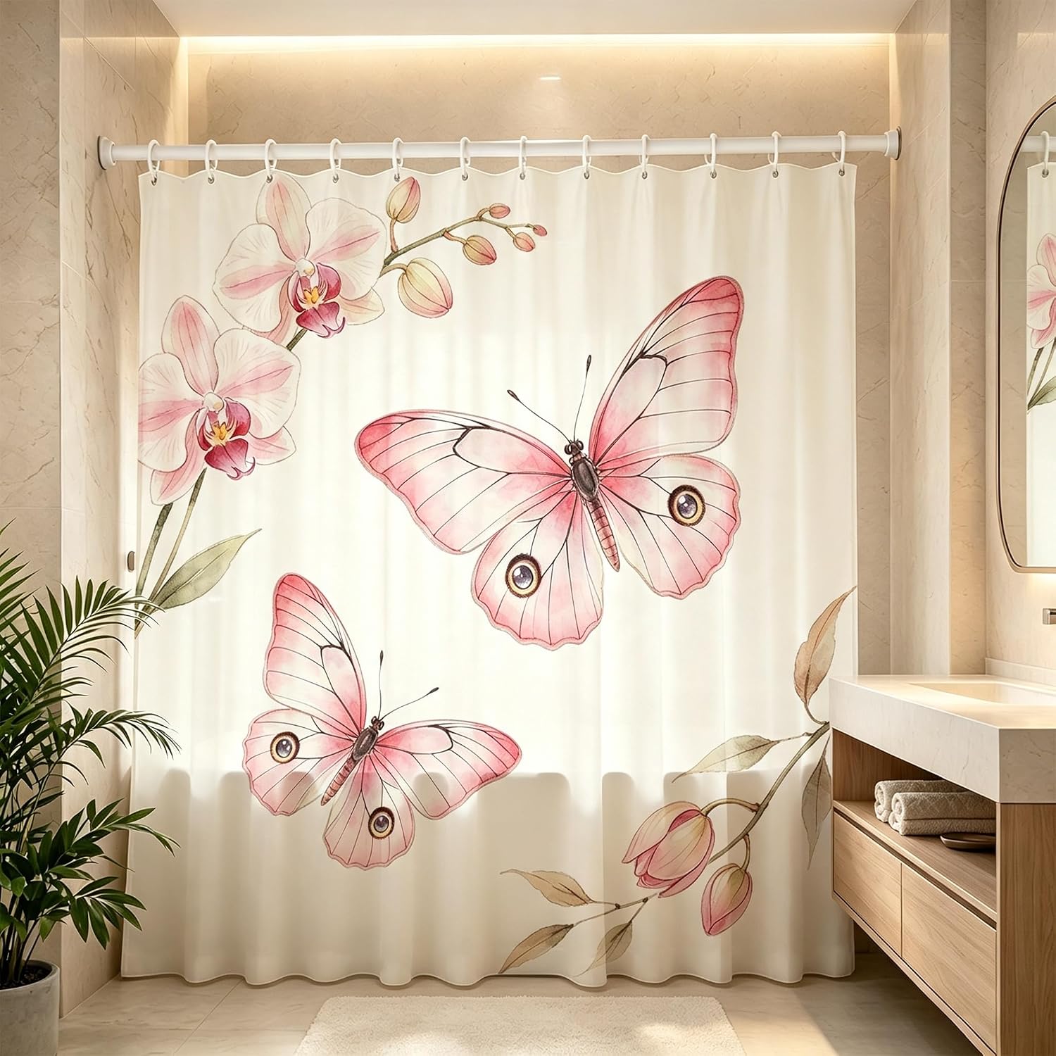 Ivory Orchid Pink Butterfly Shower Curtain 72x72 Watercolor Floral