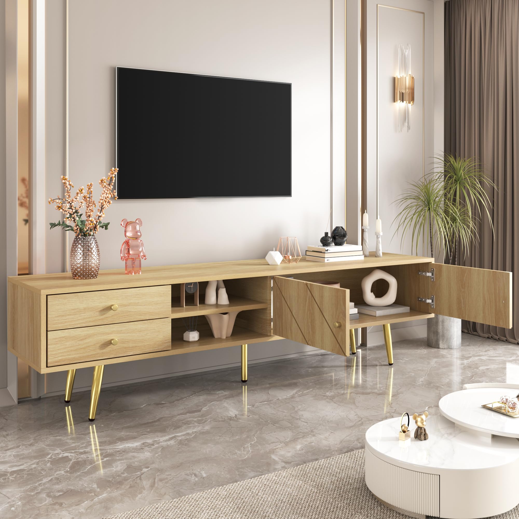 BTM Meuble TV 160 cm avec Pieds dorés - Meuble TV Moderne avec 2 tiroirs et 2 Portes - Durable - Grand Espace de Rangement, Bois - 160x36x42 cm