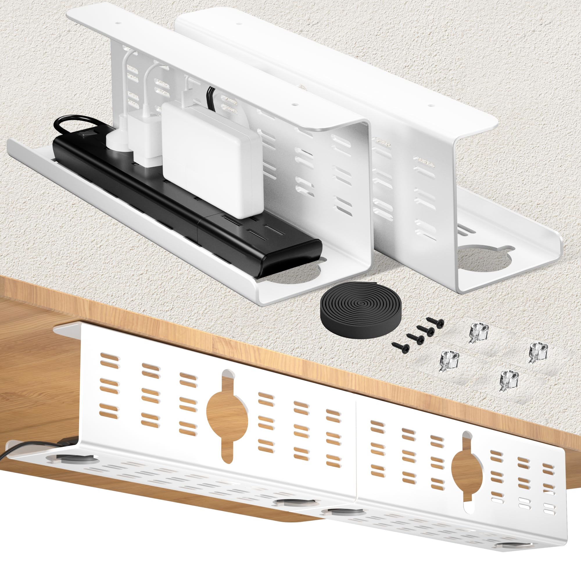 Photo 1 of 2 Pack Cable Management Under Desk White, Cinati 32" Large Cable Management Tray, Under Desk Alloy Steel Wire Organizers, Cord Hider Tray for Office and Home - Tape or Screw Installation