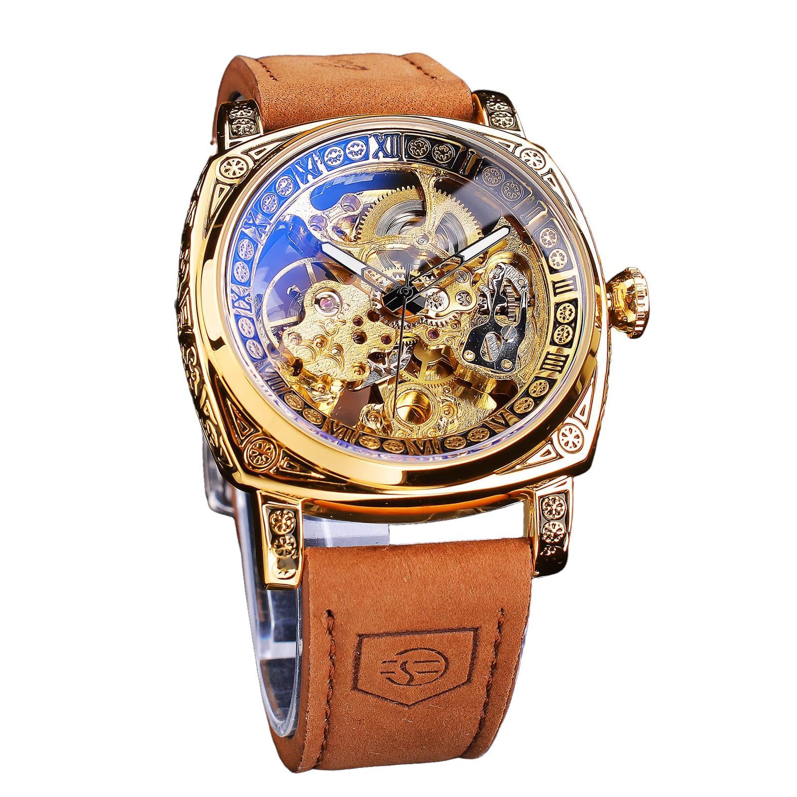 FORSINING Relojes de Lujo para Hombres, Cuadrado Retro mecánico Auto-Viento Tallado, Movimiento de Engranajes Esqueleto Dorado Relojes automáticos Correa de Cuero Vintage Reloj de muñeca