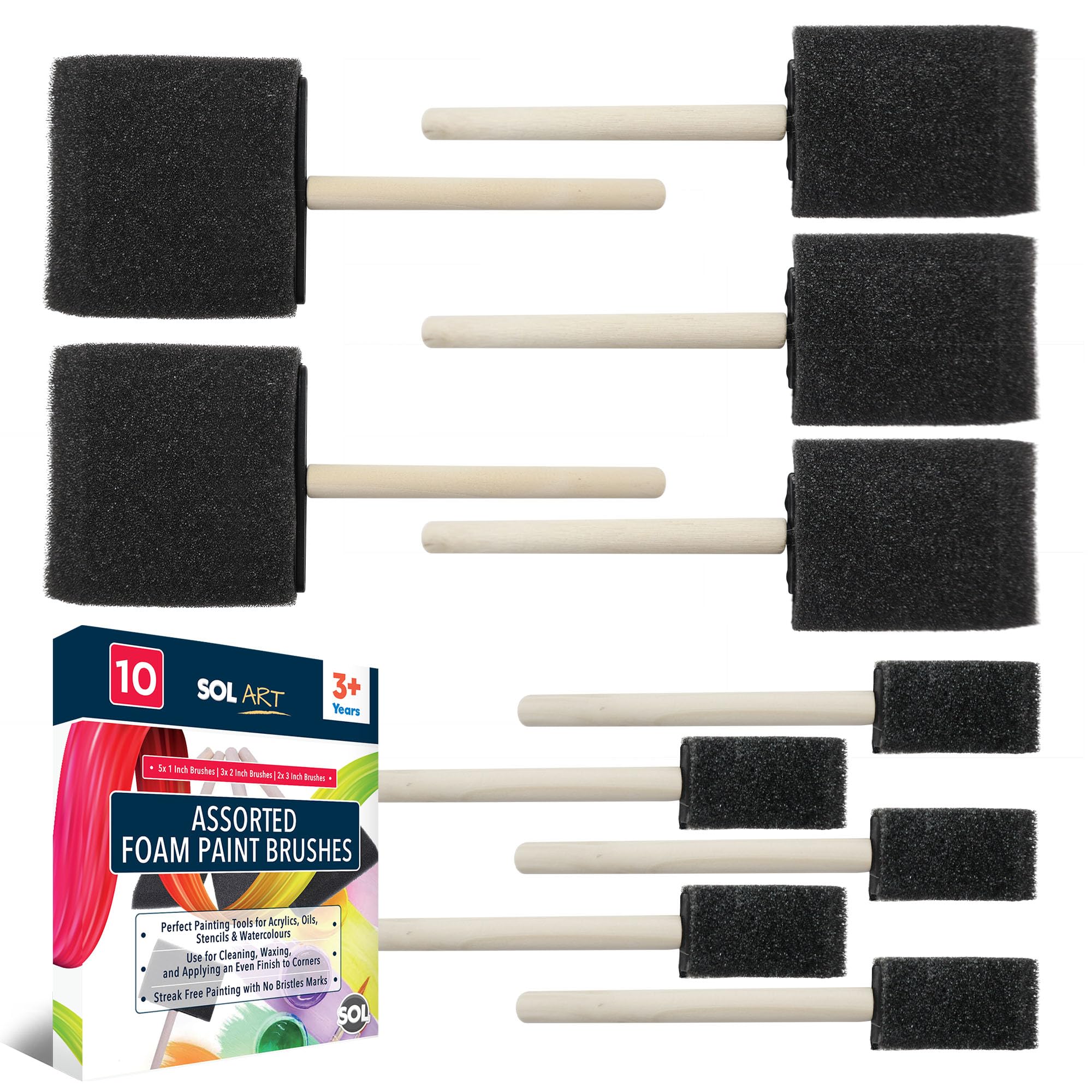 Sol Black 10Pk Assorted Foam Brushes For Painting Sizes 2.5, 5, 7.5Cm - Sponge Paint Brushes For Acrylics, Varnishes, Wood Stain, Diy & Crafts, Smooth Application, Durable Lightweight Painting Tools