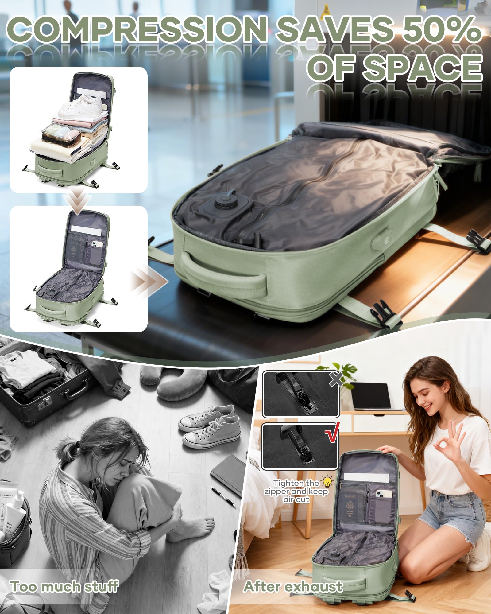 SZLX Zaino Sottovuoto da Cabina da Donna, Zaino con Airbag a Compressione con Bottone a Pressione, Zaino da Viaggio Sottovuoto Ryanair con Pompa, Valigia Sottovuoto Impermeabile da Uomo