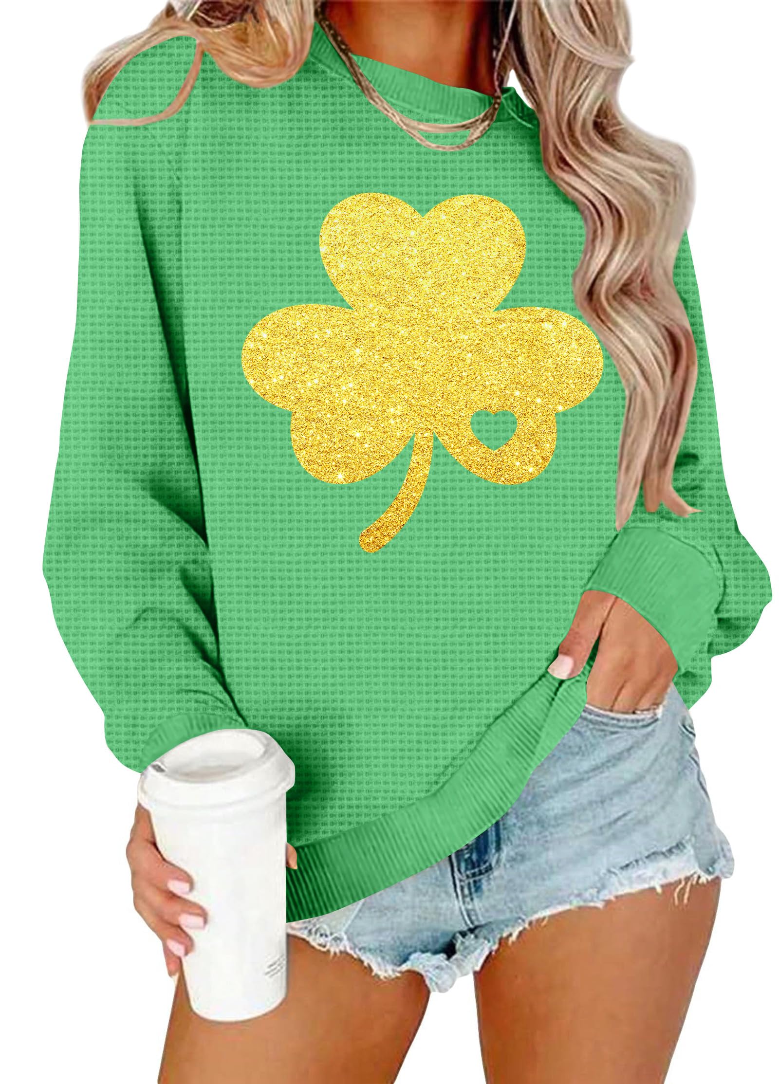 PICKID St Patricks Day Sweatshirt Women Lucky Shamrock Waffle Sweatshirts Heart Green Clover Graphic Irish Pullover Tops