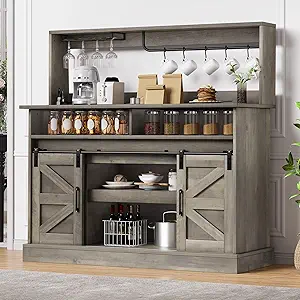 DWVO Farmhouse Buffet Cabinets, 47" Coffee Bar with Goblet Holder & Power Outlet, Sliding Barn Door Sideboard Cabinet for Kitchen & Living Room Storage (Rustic Grey Oak)