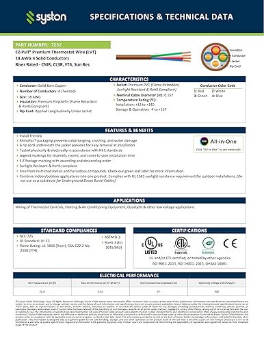 Miniatura 10 de Syston - Cable de control de calefacción HAVC para timbre de puerta 182, 18 AWG 2 conductores de cobre 100% sólido CL3RFT4CMR, resistente a los