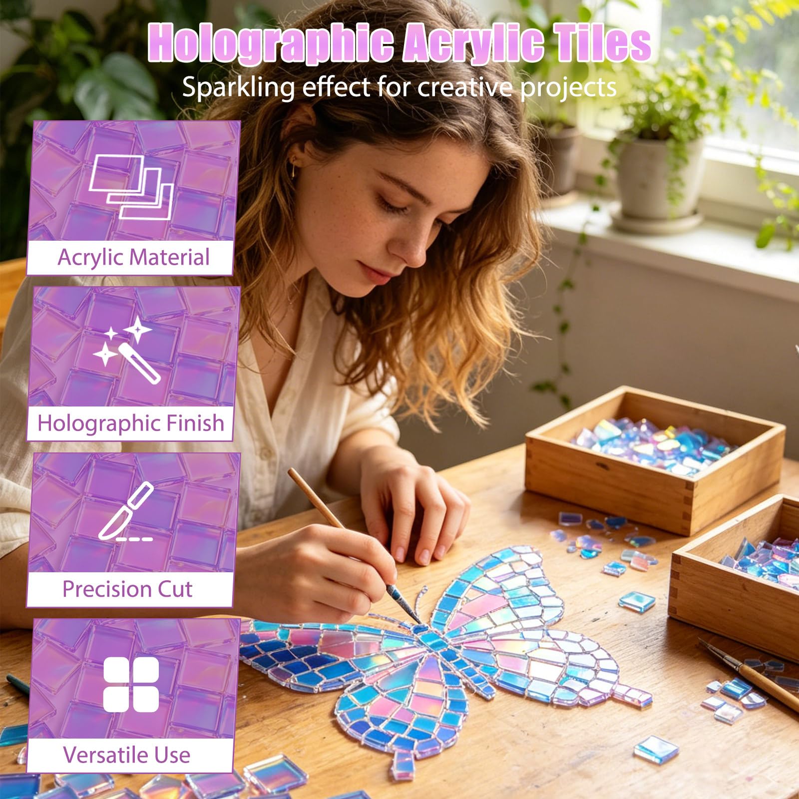 100 pietre per mosaico acrilico per il fai da te, 2 x 2 cm, set di mosaico quadrati, mini piastrelle olografiche per fai da te, vasi di fiori, cornici per foto, sottobicchieri