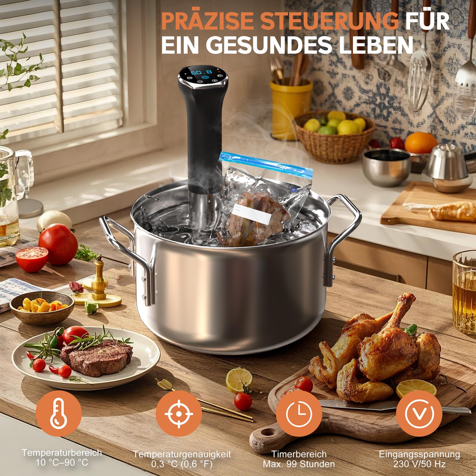 Karinear Sous Vide Garer Stick | APP-Steuerung | WIF (2.4G) | 1400W Sous-Vide Stick | 10-90°C, 1-99 Min. Timer | 360° Zirkulation | Suvide Garer stick