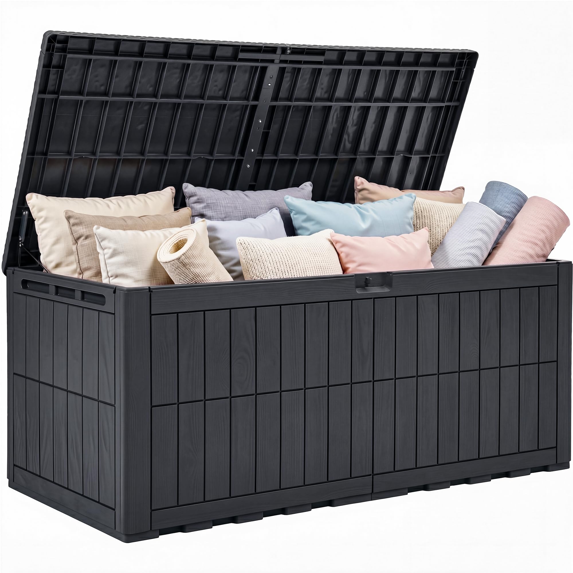 YITAHOME 833L Large Outdoor Garden Storage Box, Waterproof Resin Deck Box with Lock & Hydraulic Piston, 3-Person Bench Seat for Patio Cushions & Garden Tools, UV-Resistant & Weatherproof, Dark Gray