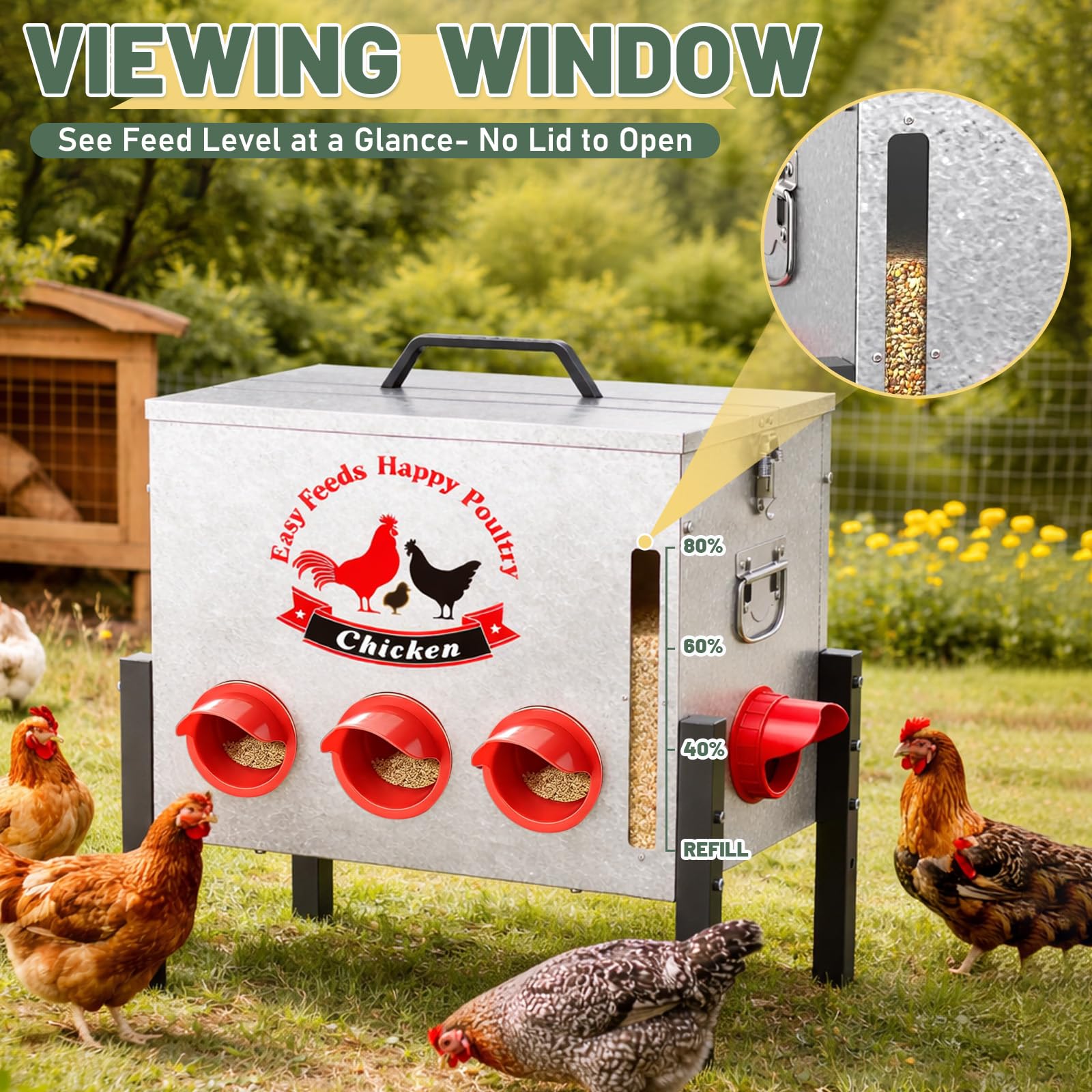 Comedero automático para gallinas de 25 kg con 8 orificios de alimentación, ventana, tapa con cierre, altura ajustable, resistente a las ratas, almacenamiento de alimentos para pollos, patos, gansos