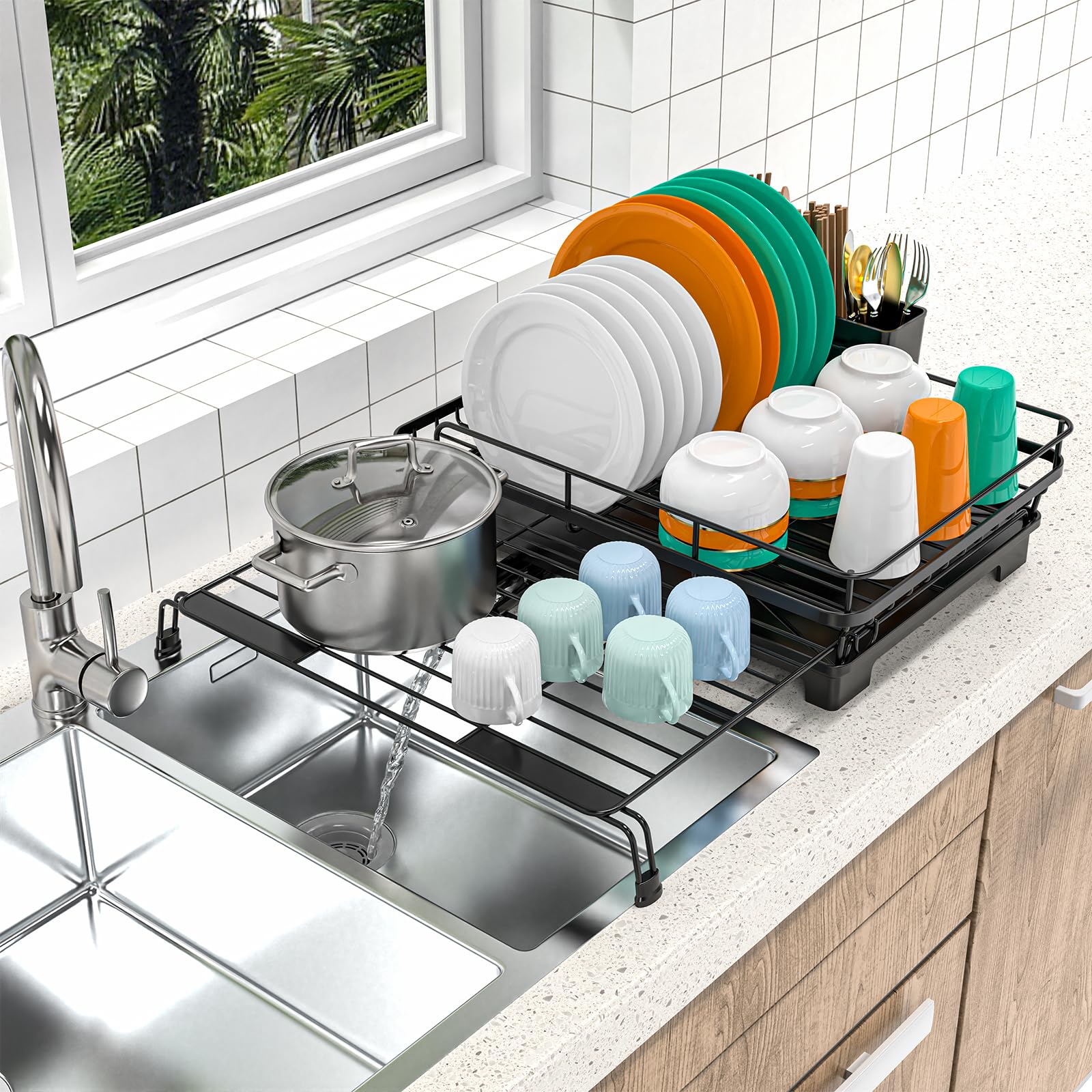 ULAIHOMN Large Dish Drying Rack?Extendable Dish Rack for Kitchen Counter and Sink,Anti-Rust Dish Strainer with Cup Chopping Board Cutlery Holder and Drainboard