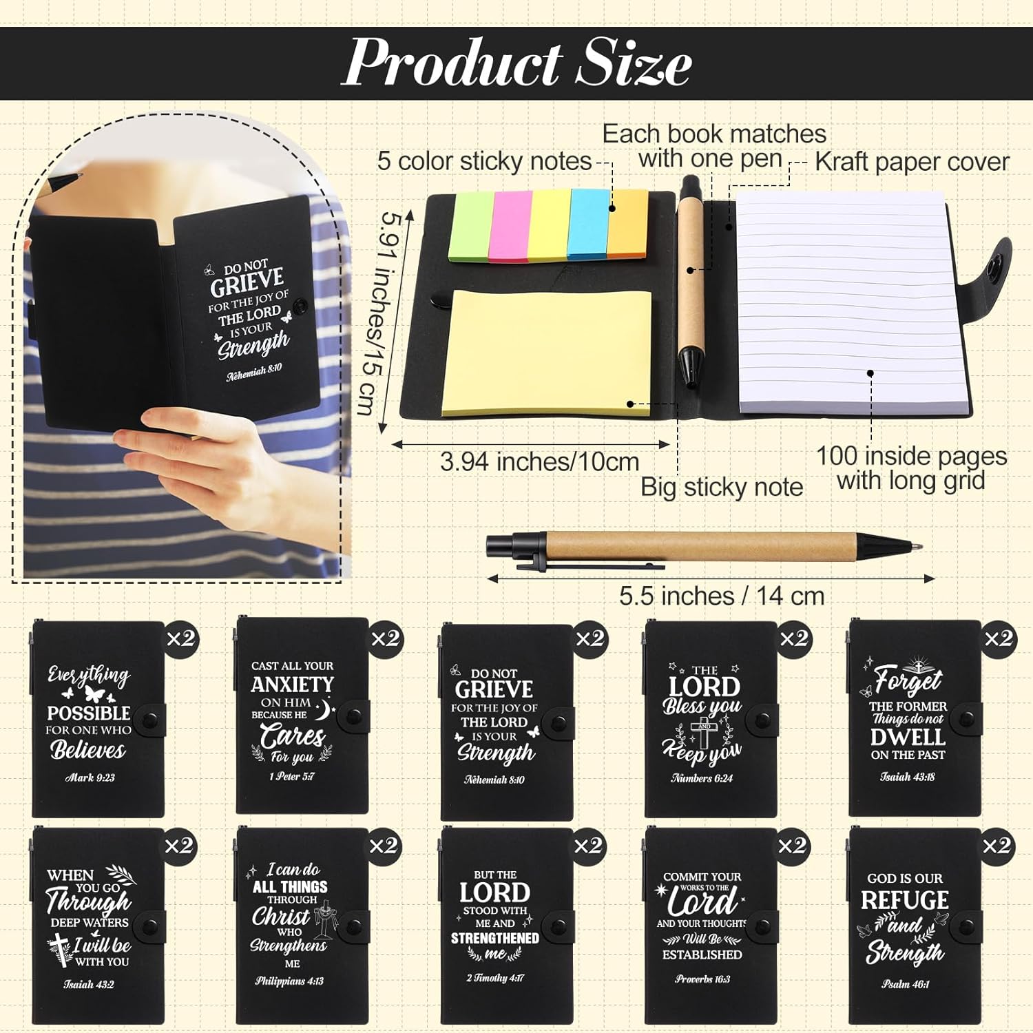 Thenshop 20 Sets Christian Gifts Bulk, Bible Verse Notebooks with Pens Sticky Notes for Women, Mothers Day Church Gift, Nurse, Teacher, Bible Study Supplies for Group, Ministry Event(Black)