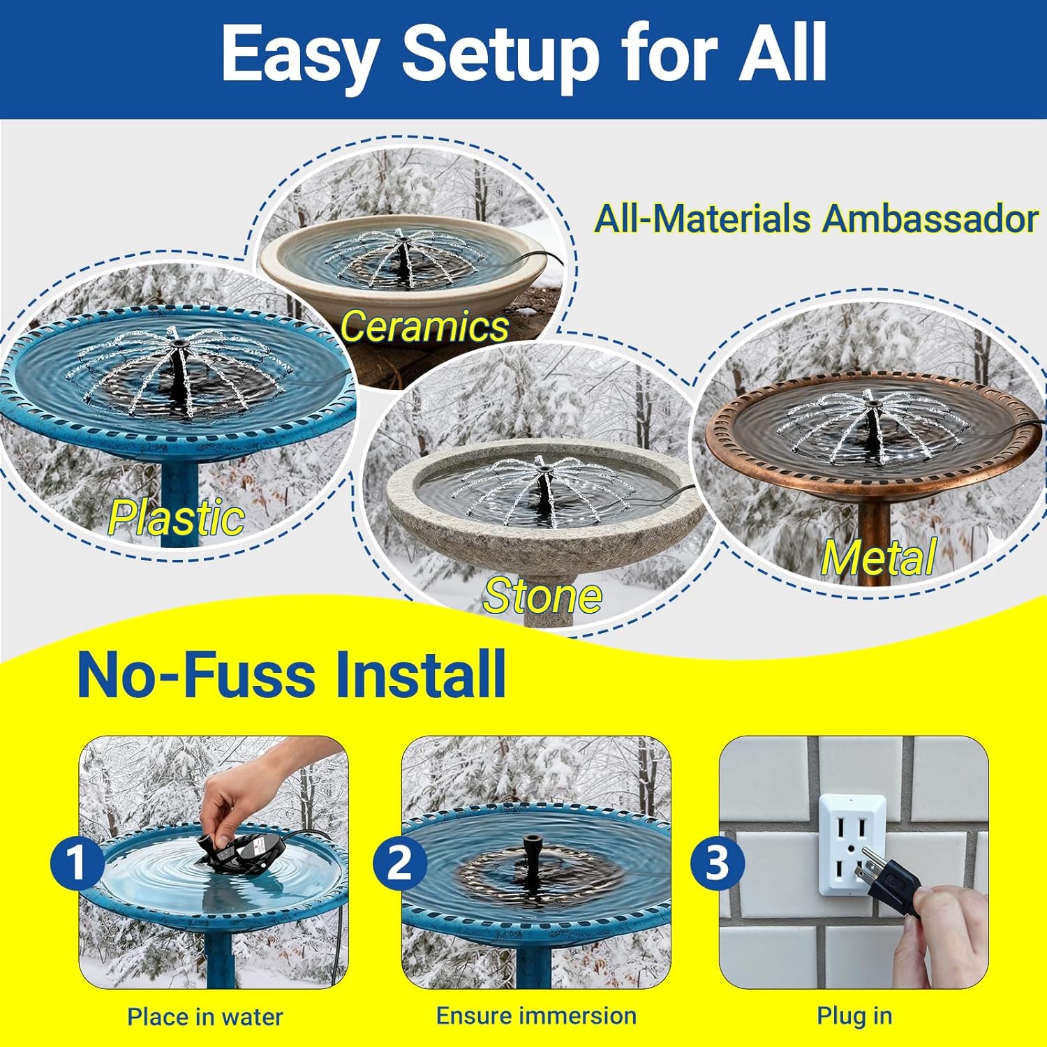 Upgrade Bird Bath Heater De-icer with Fountain Water Pump 200W Heated Bird Baths for Outdoors in Winter Thermostatically Controlled Upgrade 6ft Chew-Proof Cord for Garden Patio Backyard