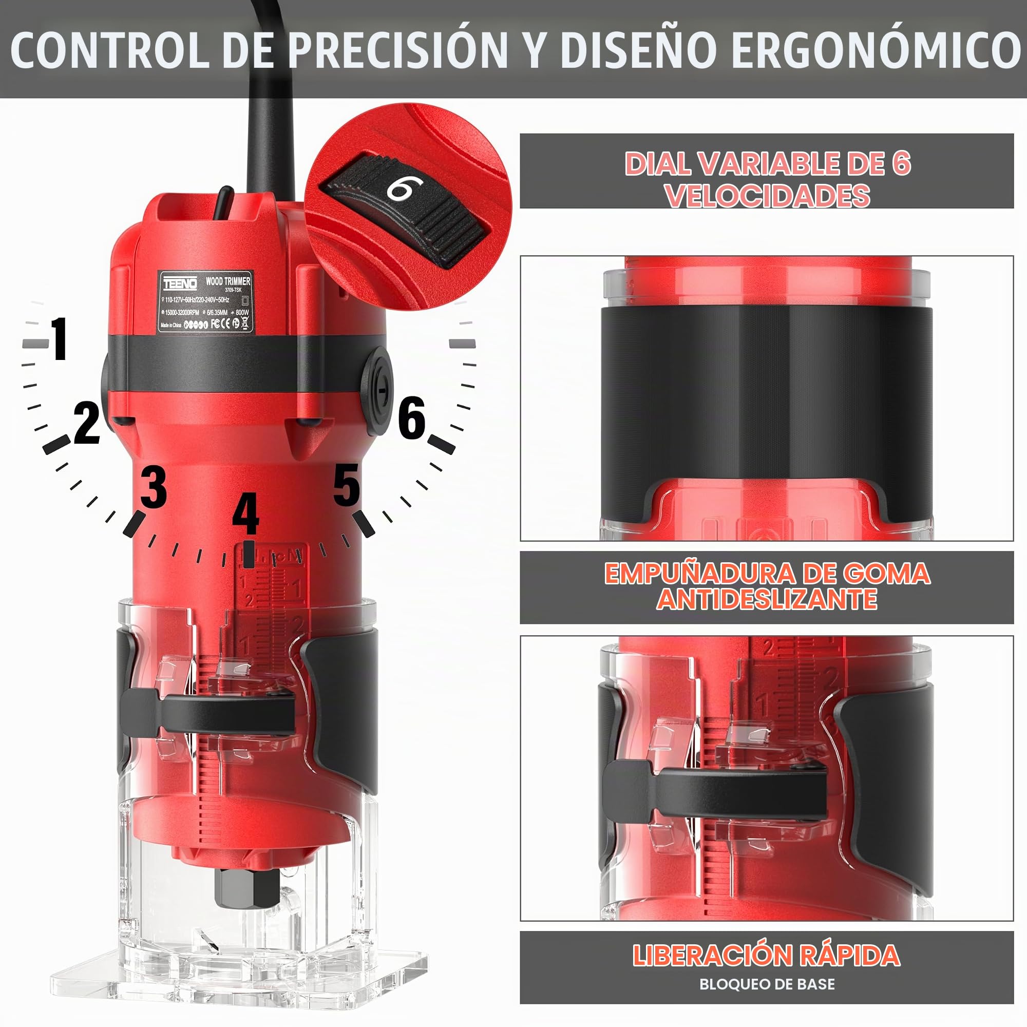 TEENO Fresadora De Madera Rebajadora Eléctrica 800W 15000-32000 RPM Con 32 accesorios, 6 Velocidades Variables, Pinza De Base Fija De 6/6.35 MM, 15 piezas 1/4'' Alicates, Estuche de Transporte