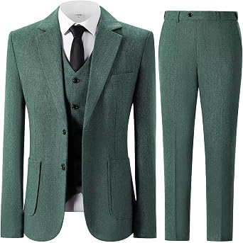Mens 3 Piece Tweed Suit Herringbone Slim Fit Wool Blend Tuxedos Set Vintage Work Wedding Business Jacket Blazer Vest Pants